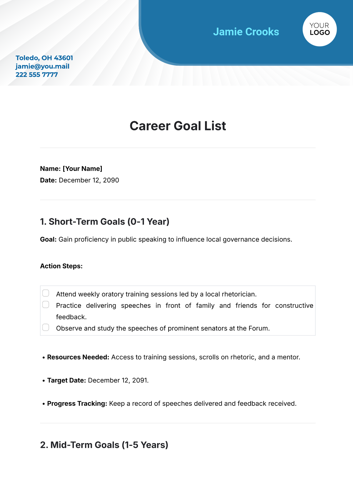 Career Goal List Template - Edit Online & Download