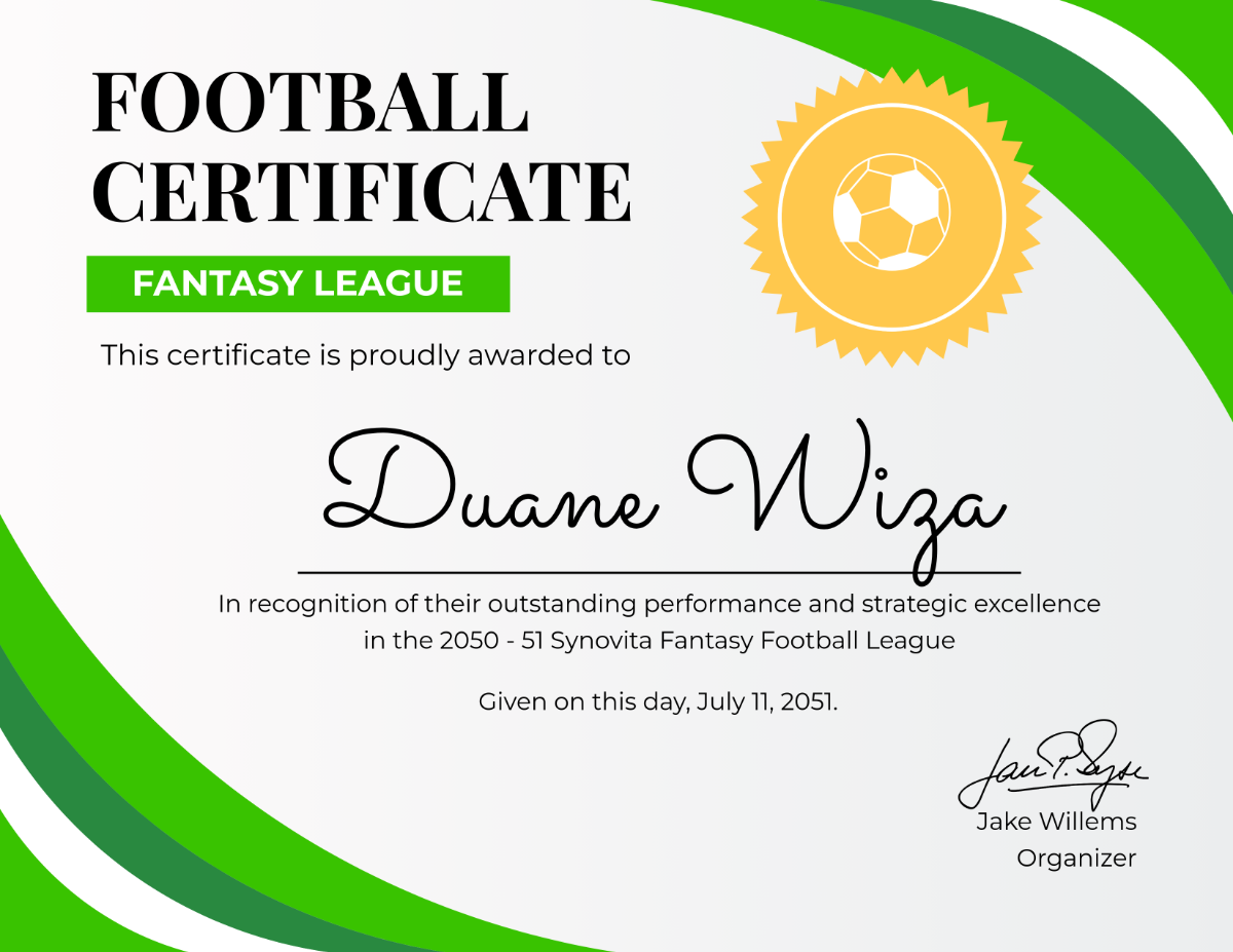Free Fantasy League Football Certificate Template - Edit Online & Download | Template.net