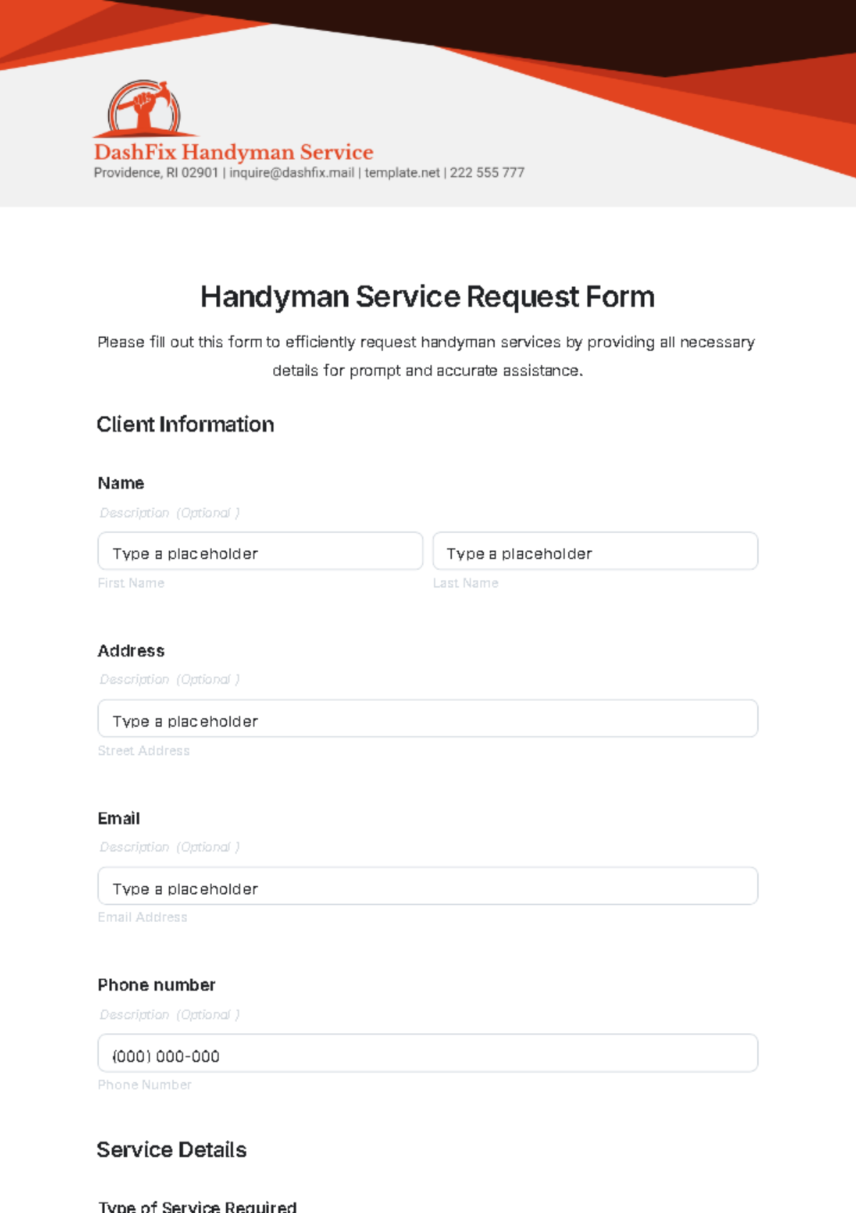 Handyman Service Request Form Template - Edit Online & Download