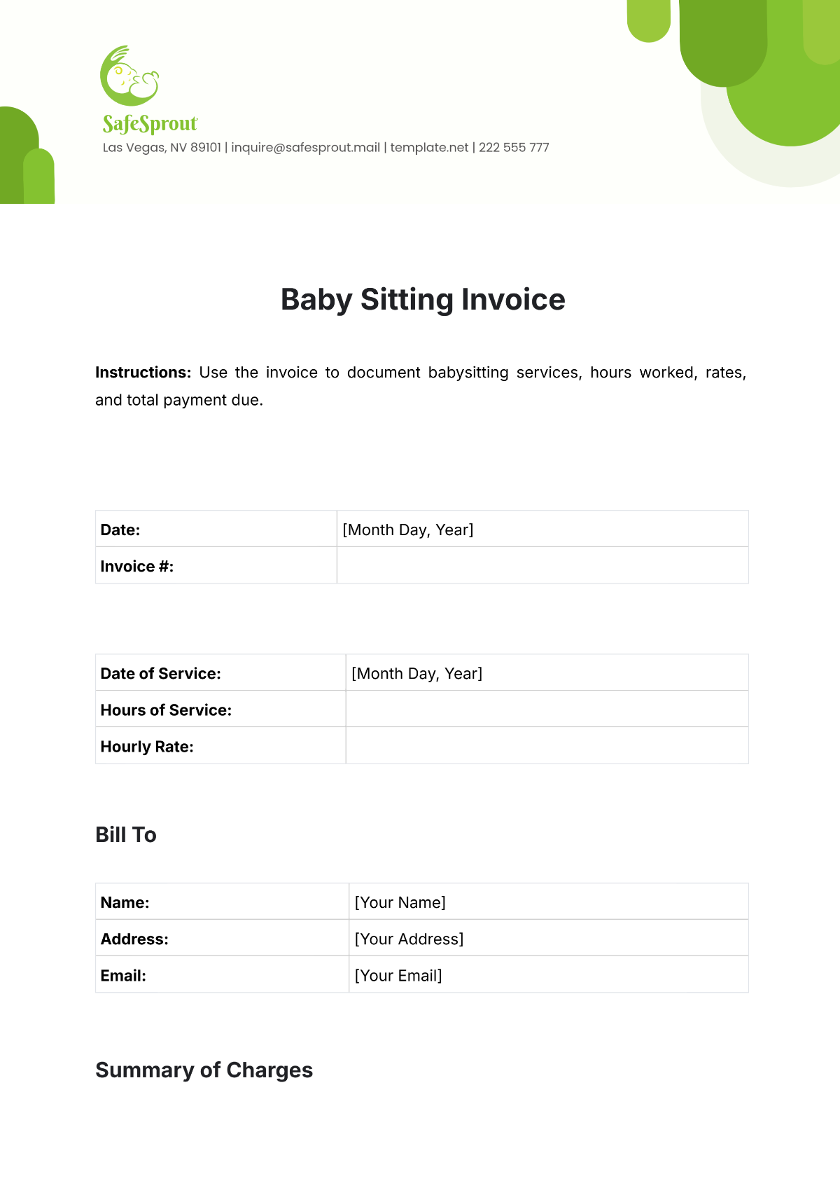 Baby Sitting Invoice Template - Edit Online & Download