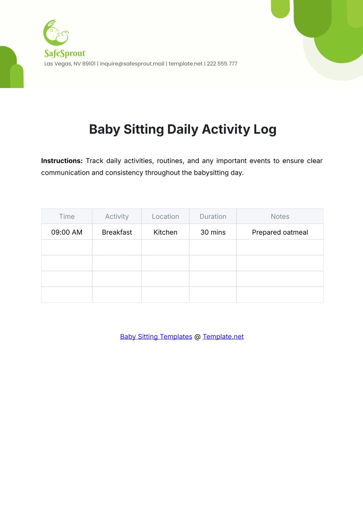 Baby Sitting Daily Activity Log Template - Edit Online & Download