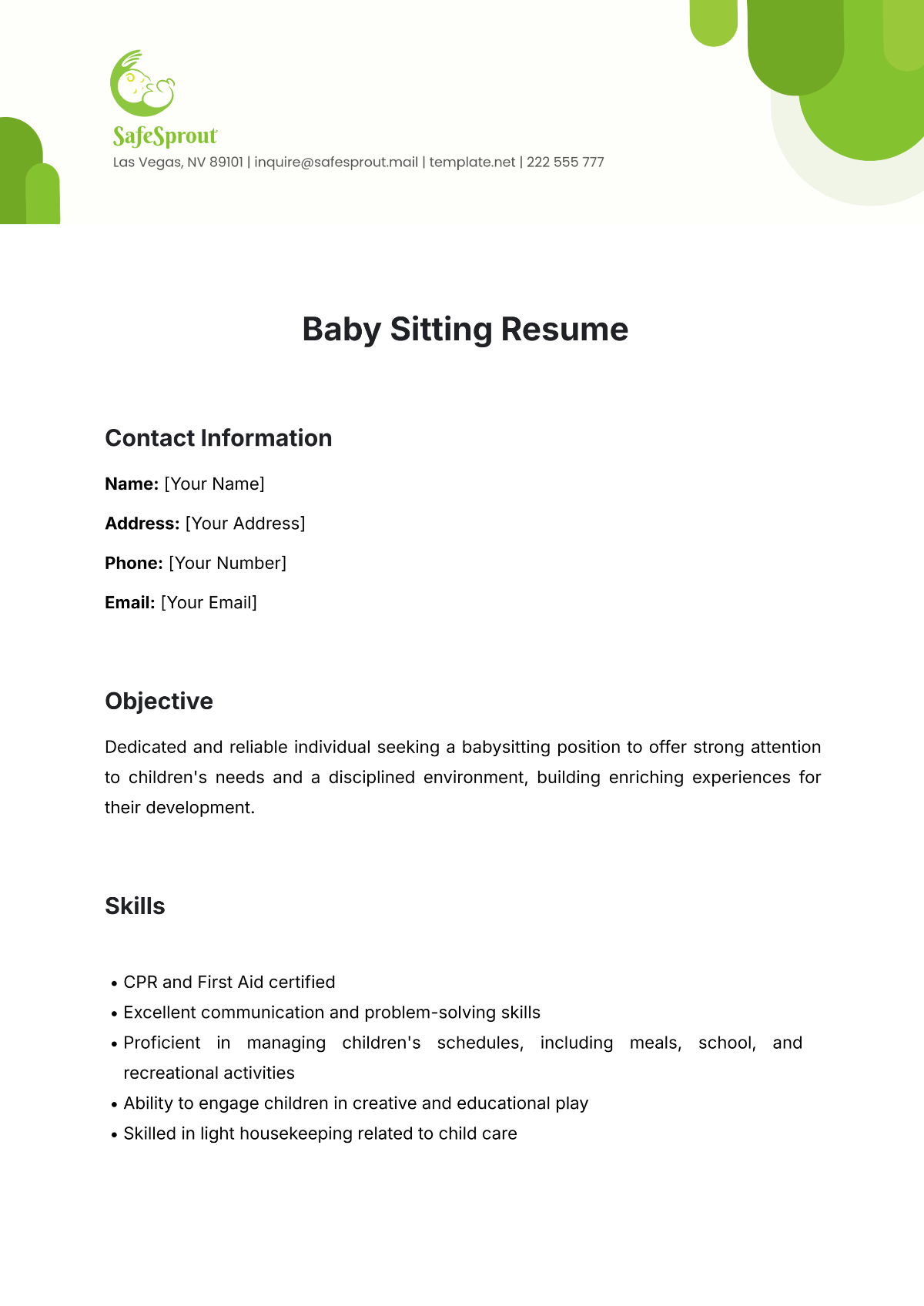 Baby Sitting Resume Template - Edit Online & Download