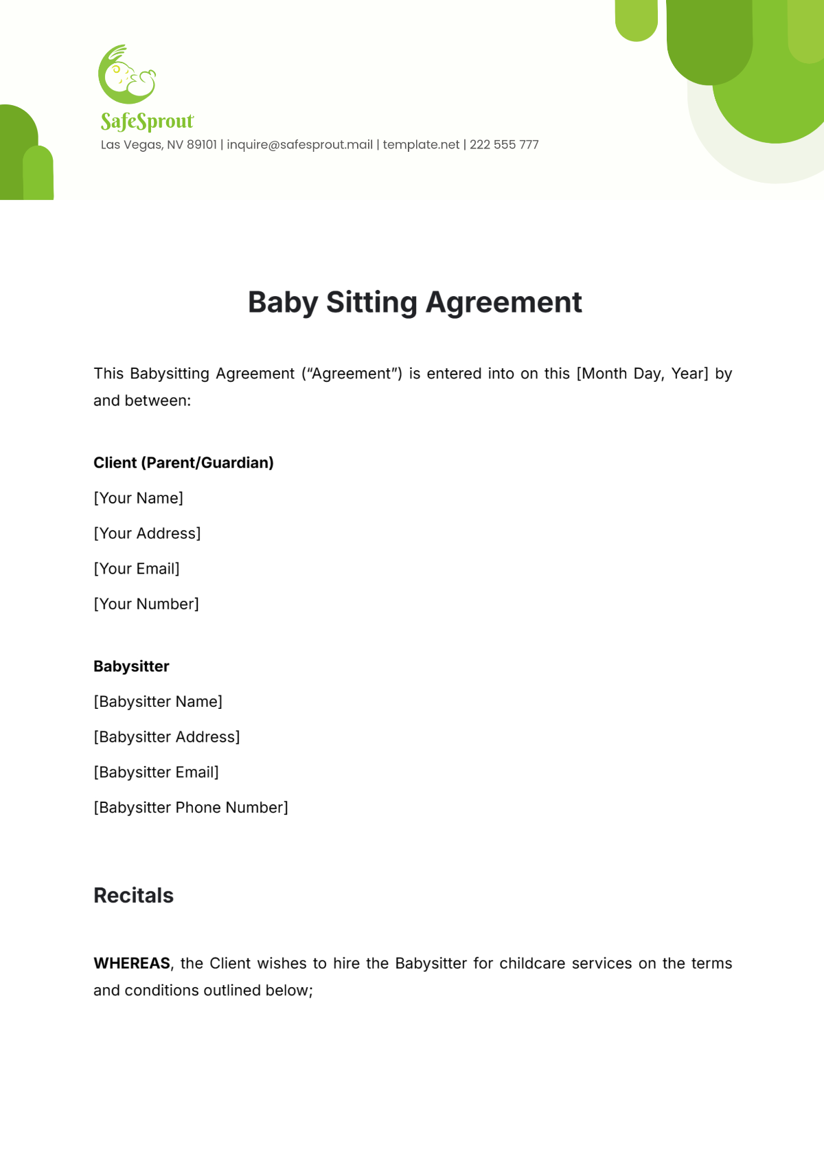 Baby Sitting Agreement Template - Edit Online & Download