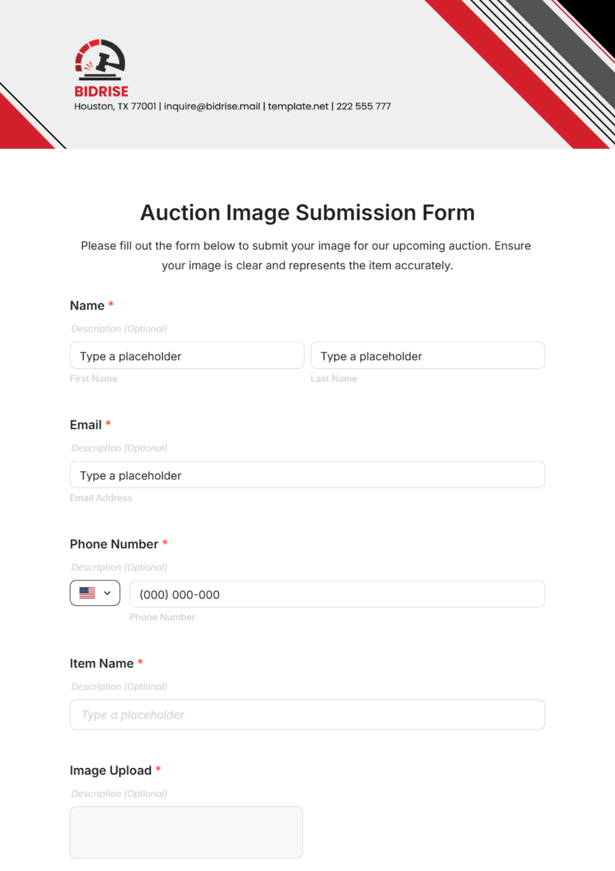 Free Auction Image Submission Form Template to Edit Online