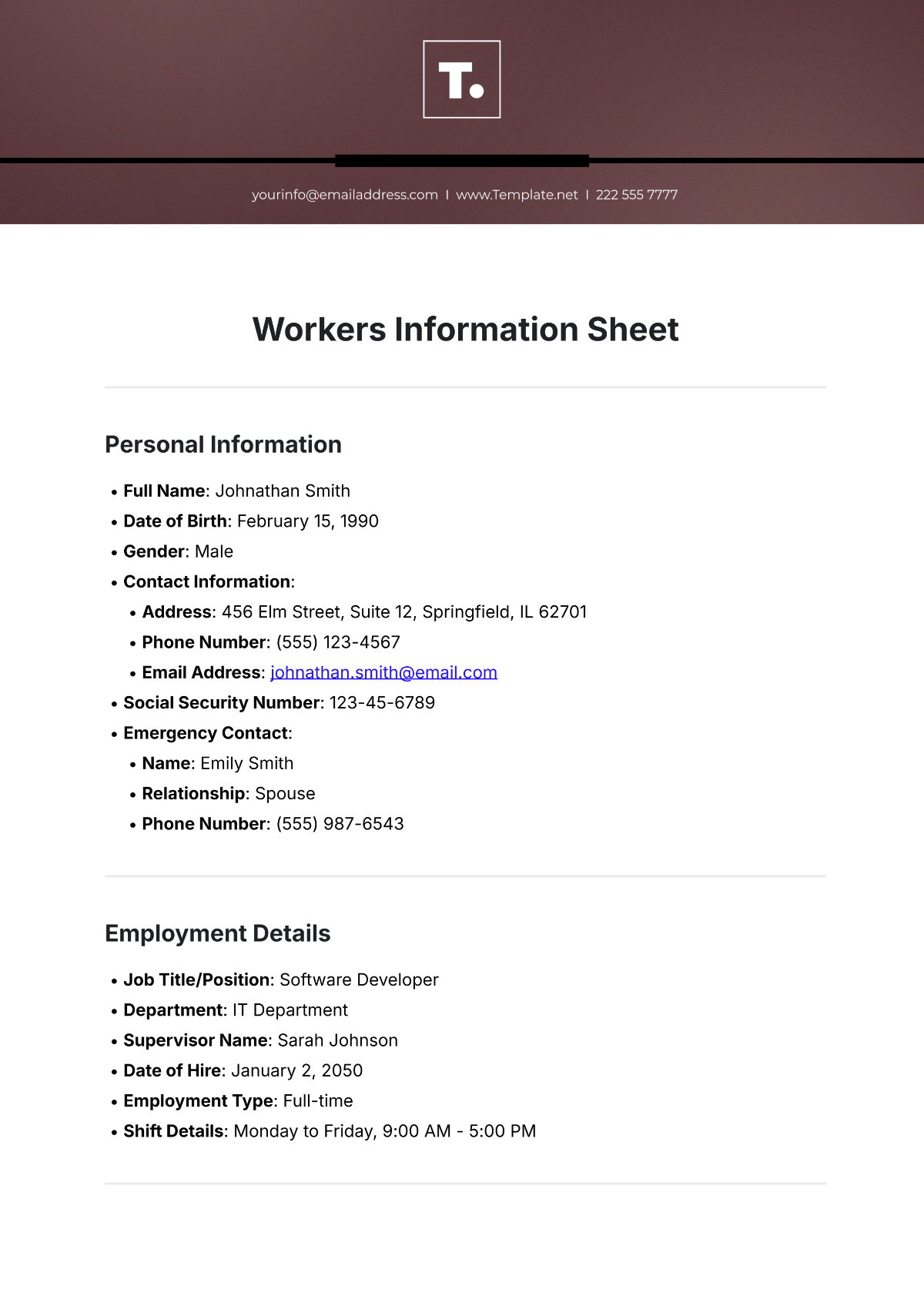 Workers Information Sheet Template - Edit Online & Download