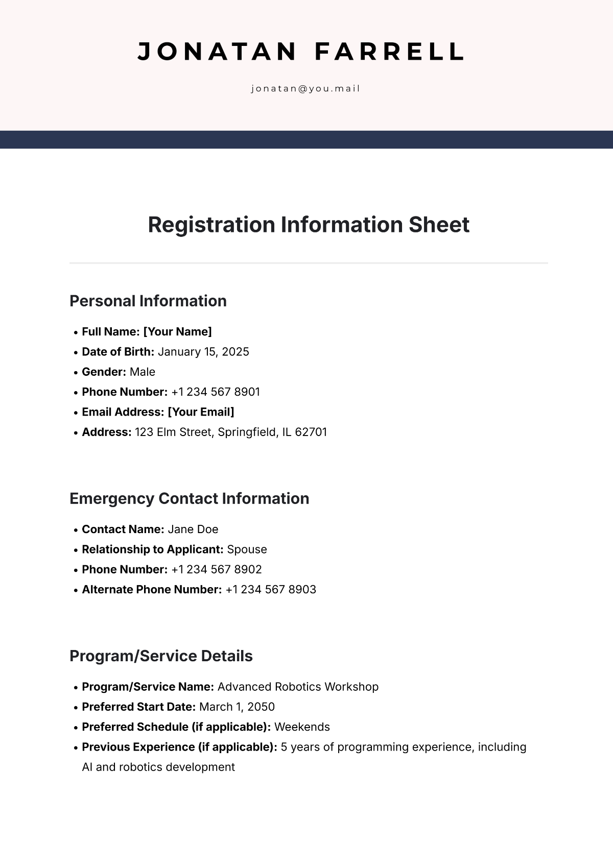 Registration Information Sheet Template - Edit Online & Download