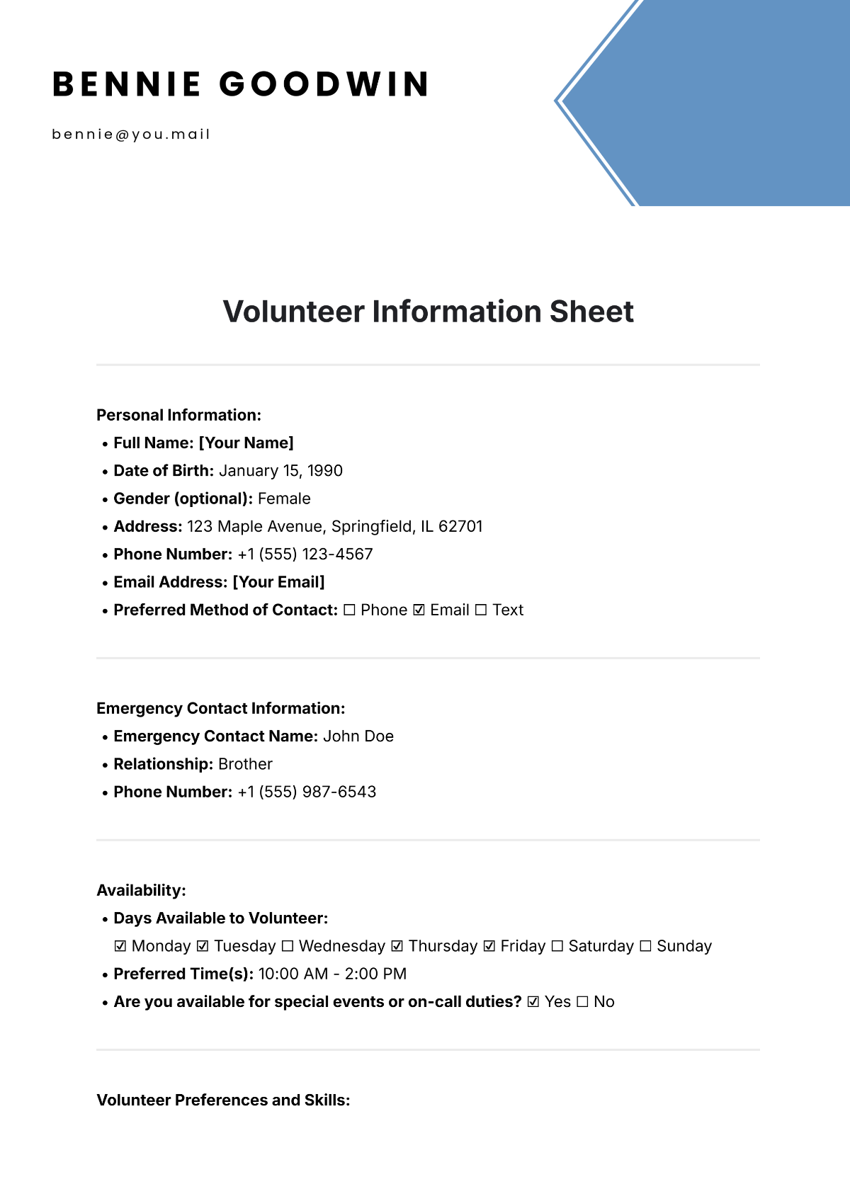 Volunteer Information Sheet Template - Edit Online & Download