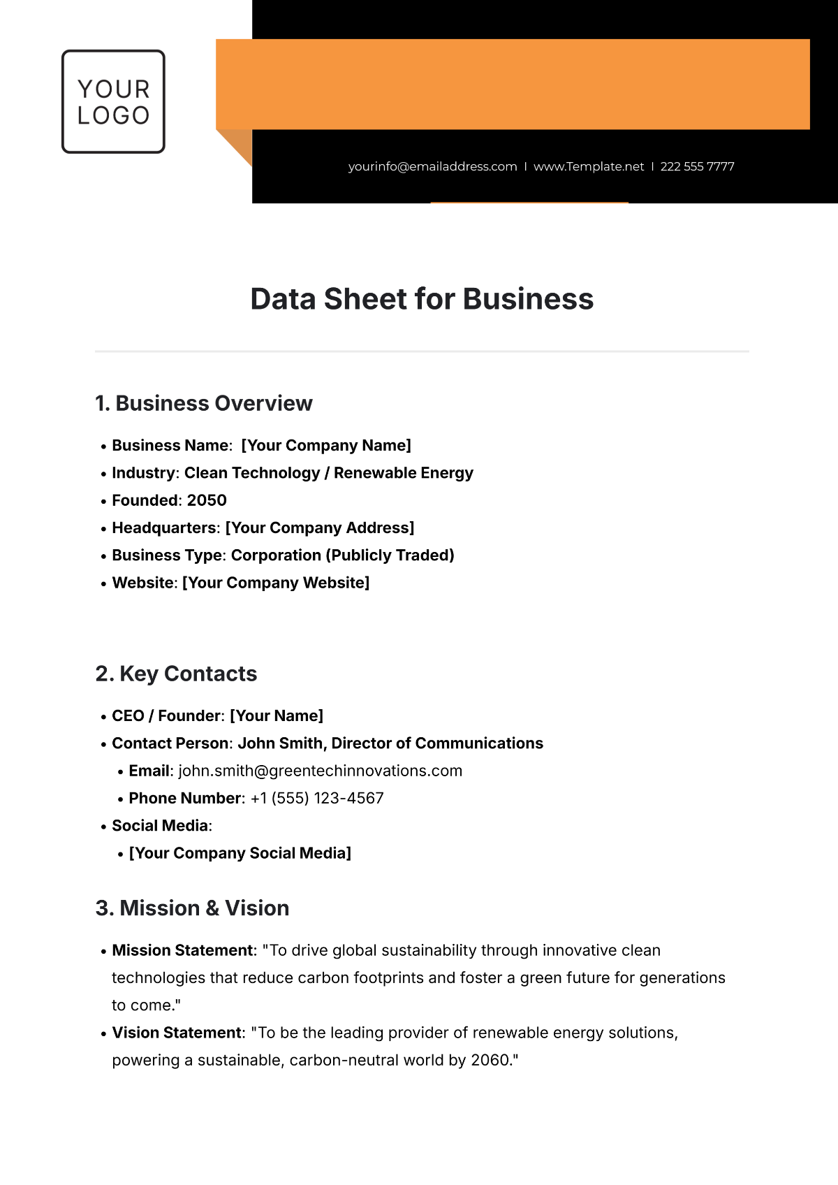 Data Sheet for Business Template - Edit Online & Download