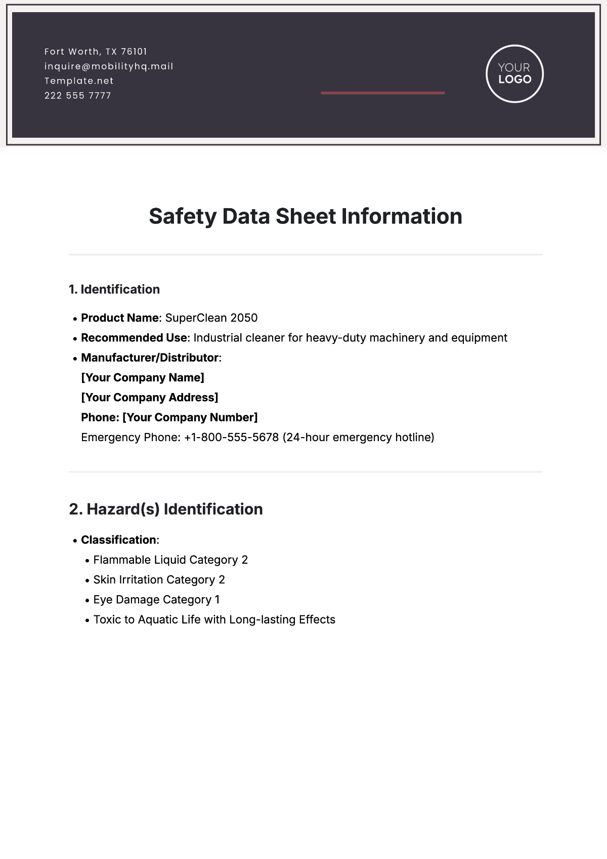 Safety Data Sheet Information Template