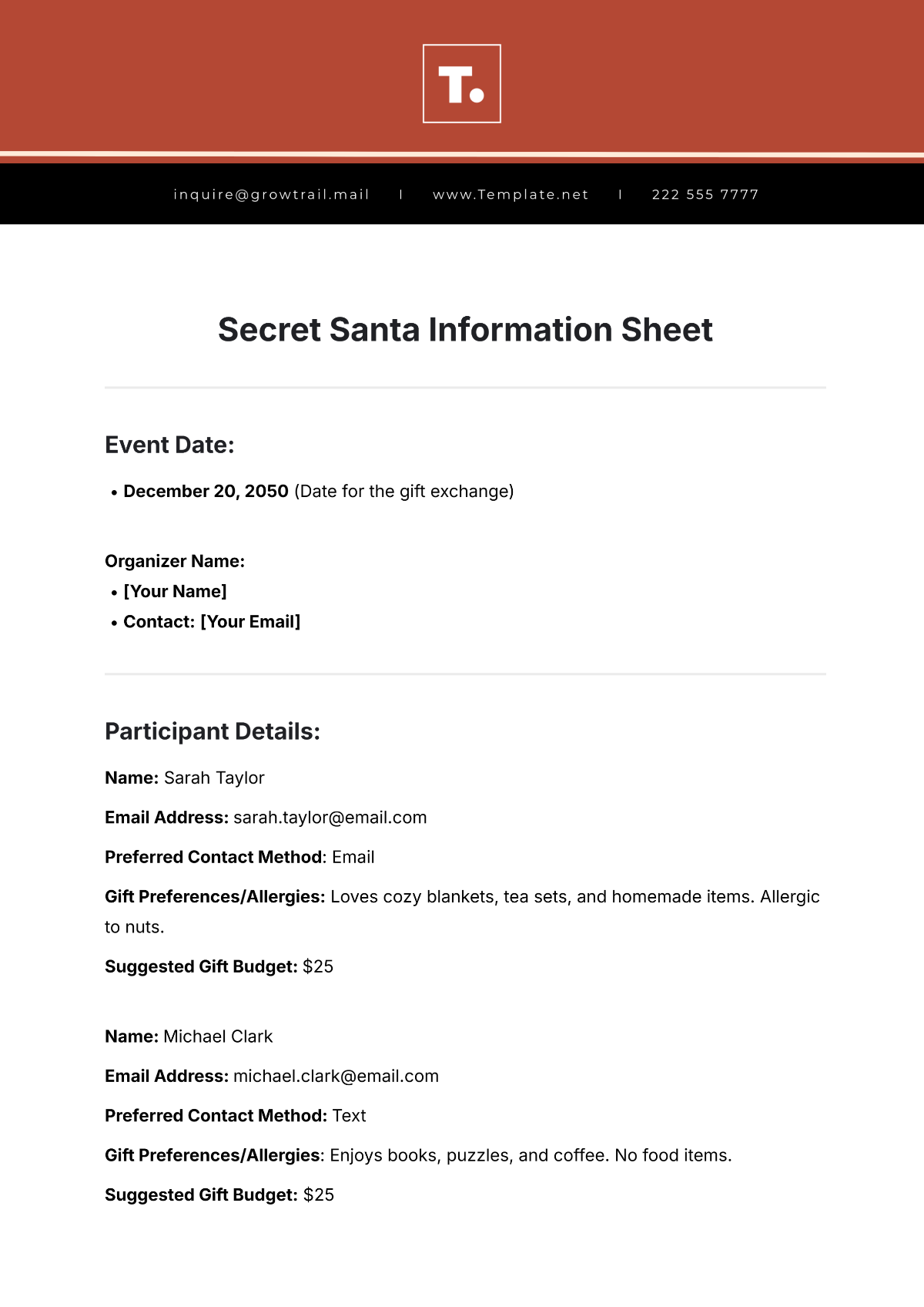 Secret Santa Information Sheet Template - Edit Online & Download