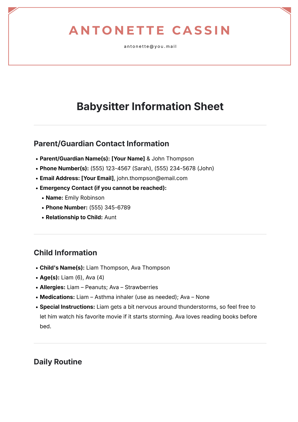 Babysitter Information Sheet Template - Edit Online & Download