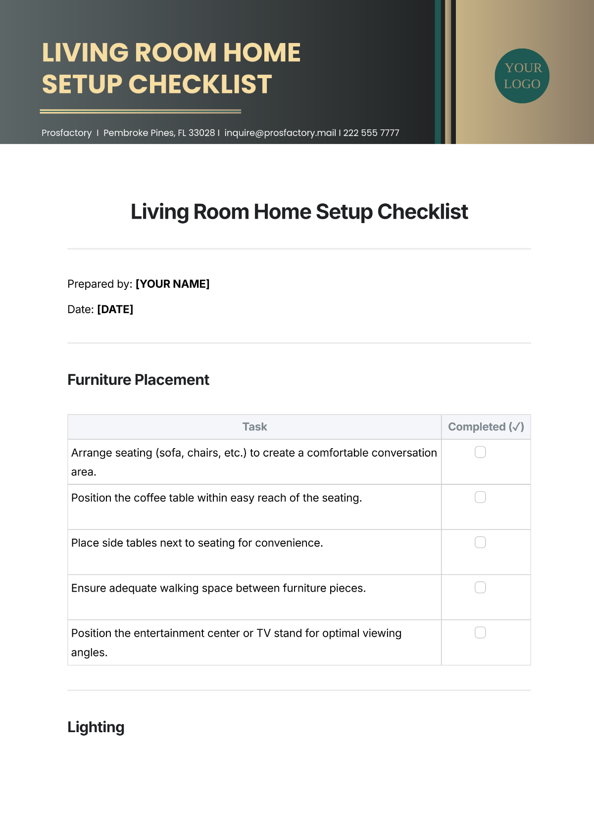 Living Room Home Setup Checklist Template