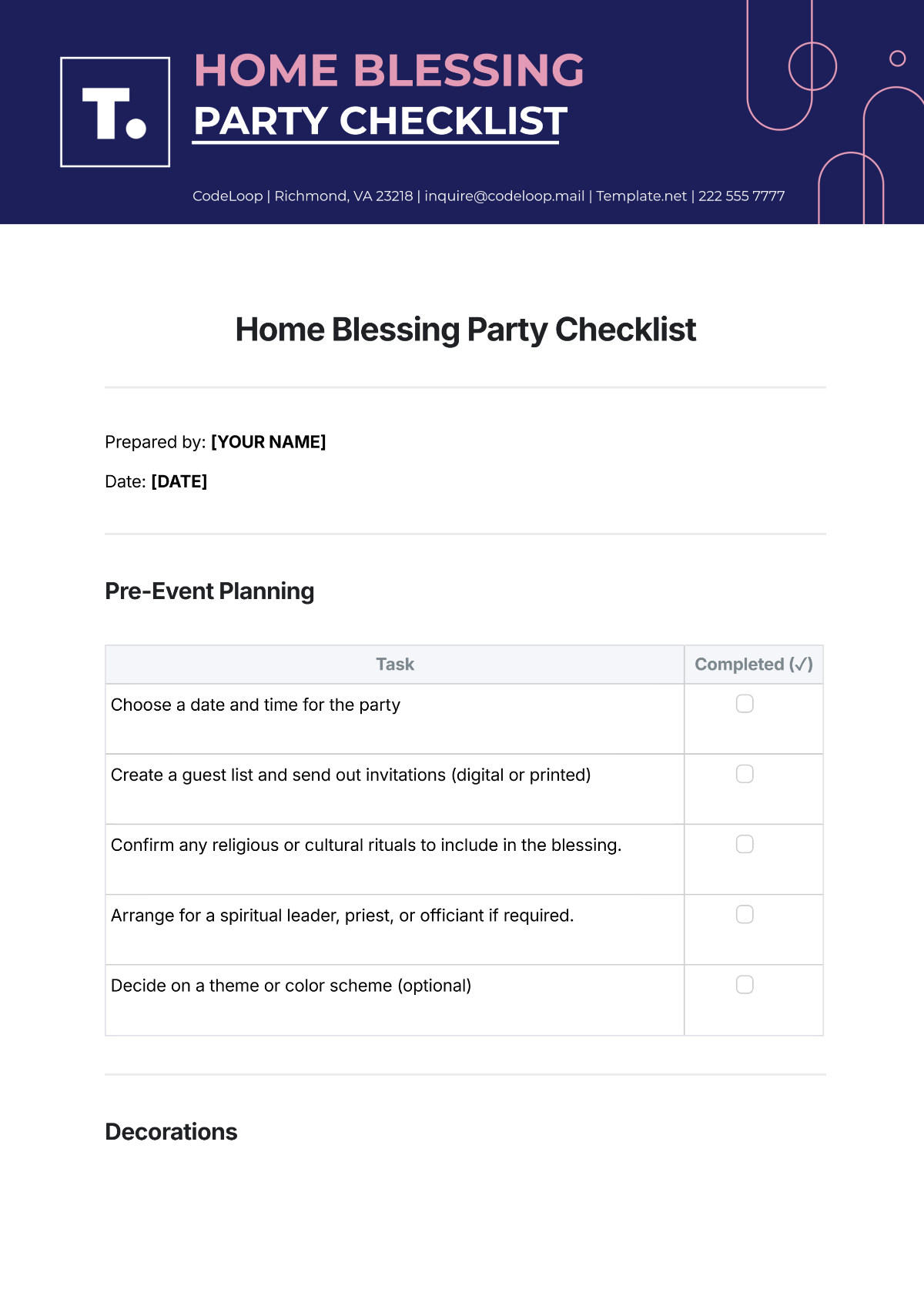 Home Blessing Party Checklist Template - Edit Online & Download