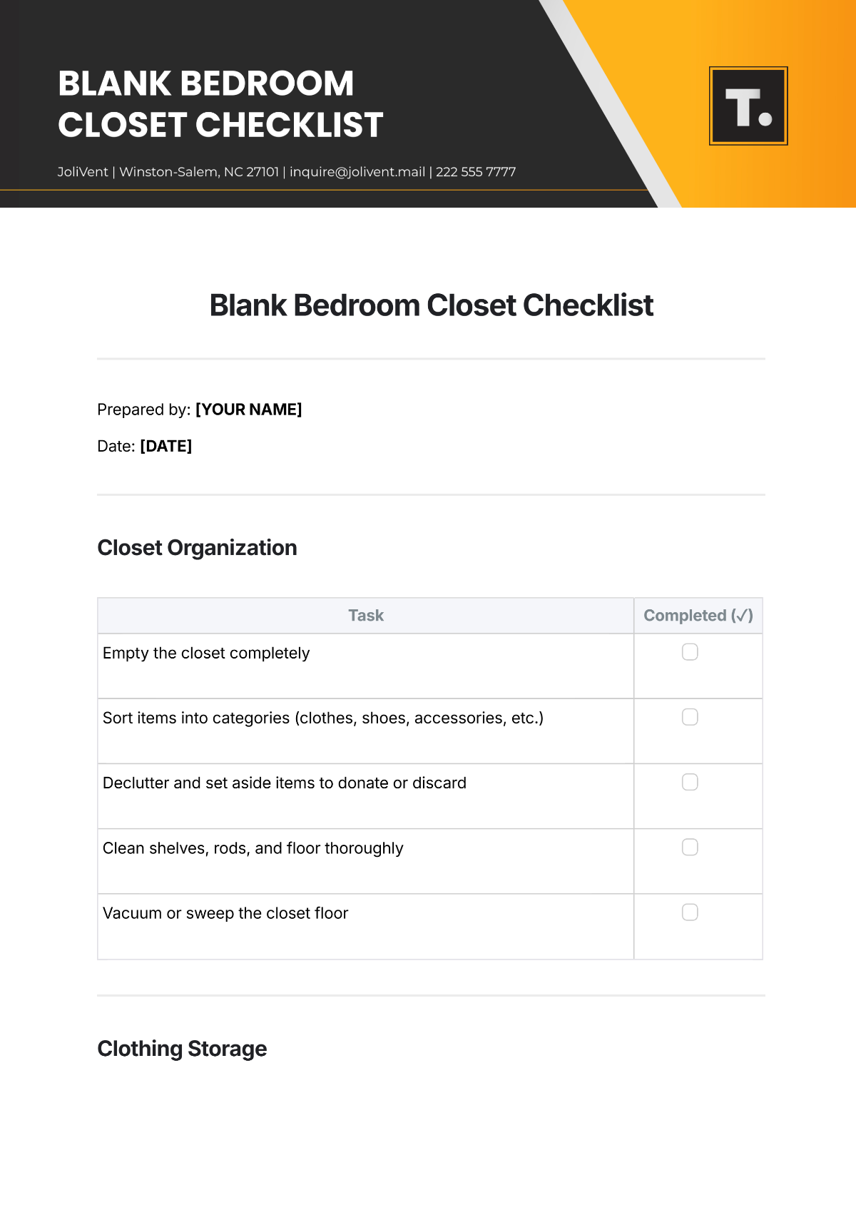 Blank Bedroom Closet Checklist Template - Edit Online & Download