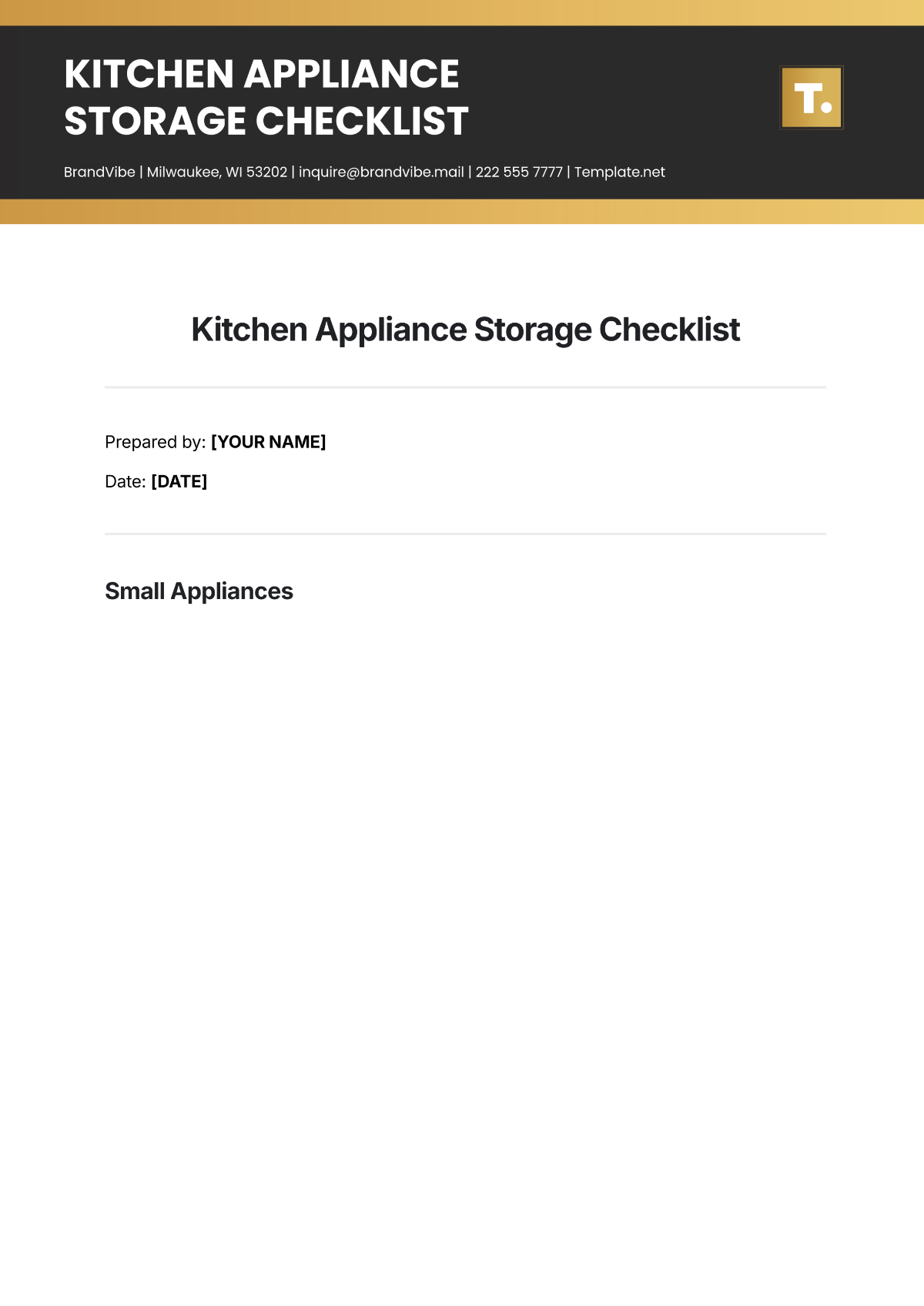 Kitchen Appliance Storage Checklist Template - Edit Online & Download