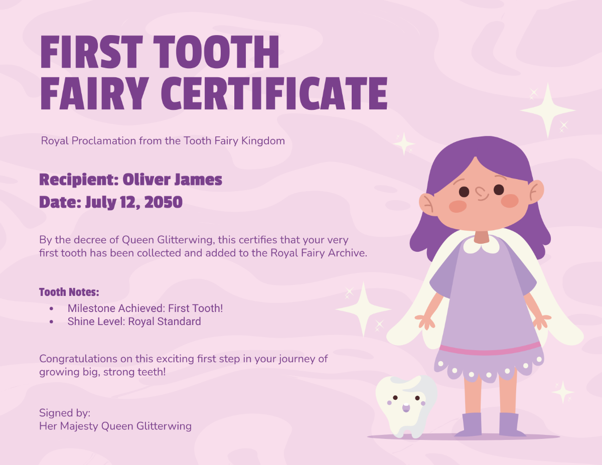 First Tooth Fairy Certificate Template