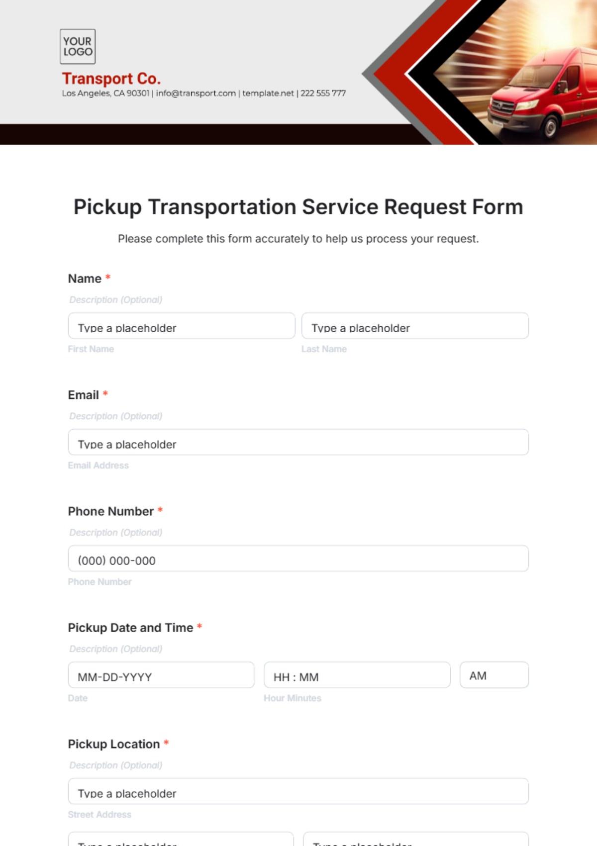 Pickup Transportation Service Request Form Template - Edit Online & Download