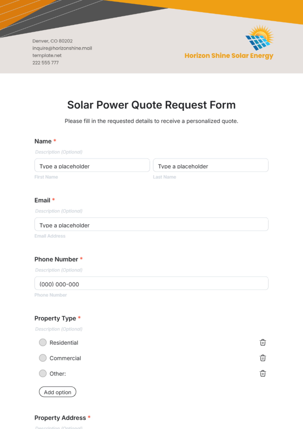 Solar Power Quote Request Form Template - Edit Online & Download