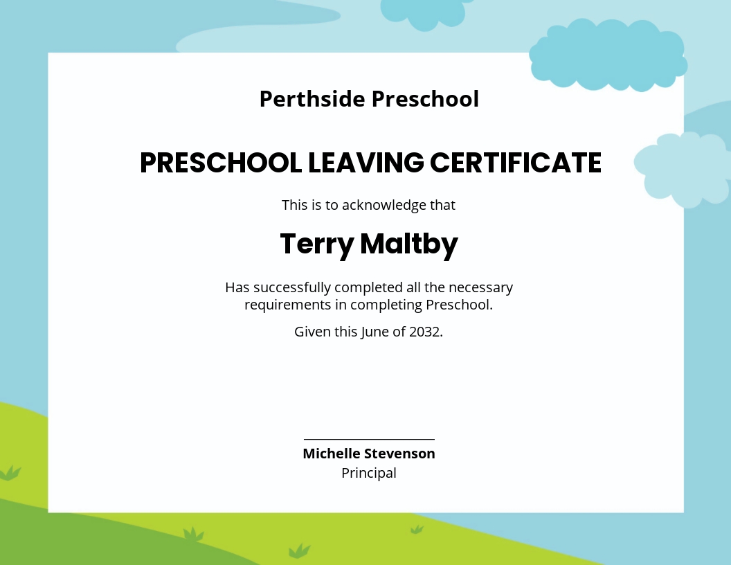 Preschool Leaving Certificate Template - Google Docs, Illustrator, Word, Apple Pages, PSD, Publisher