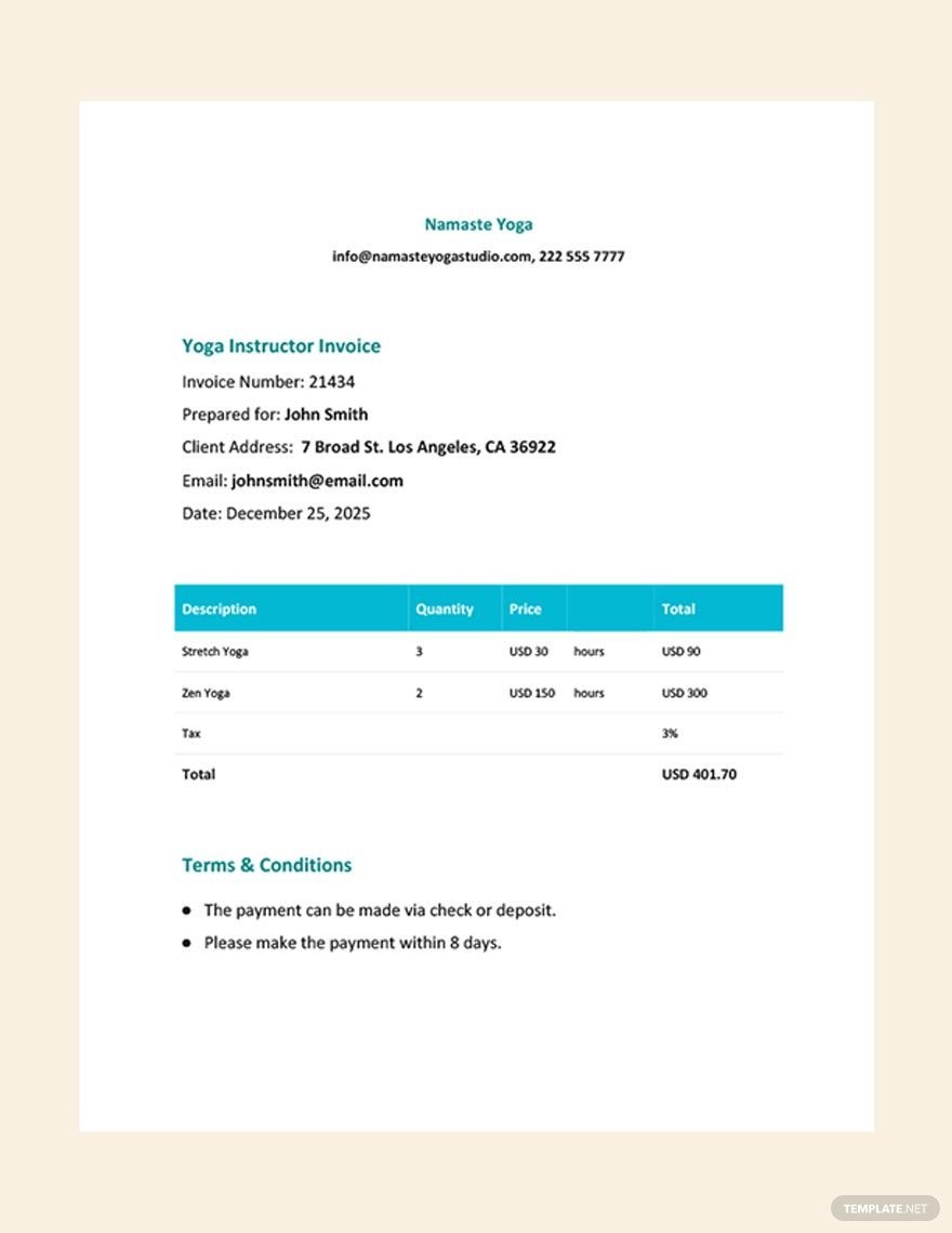 Yoga Instructor Invoice Template