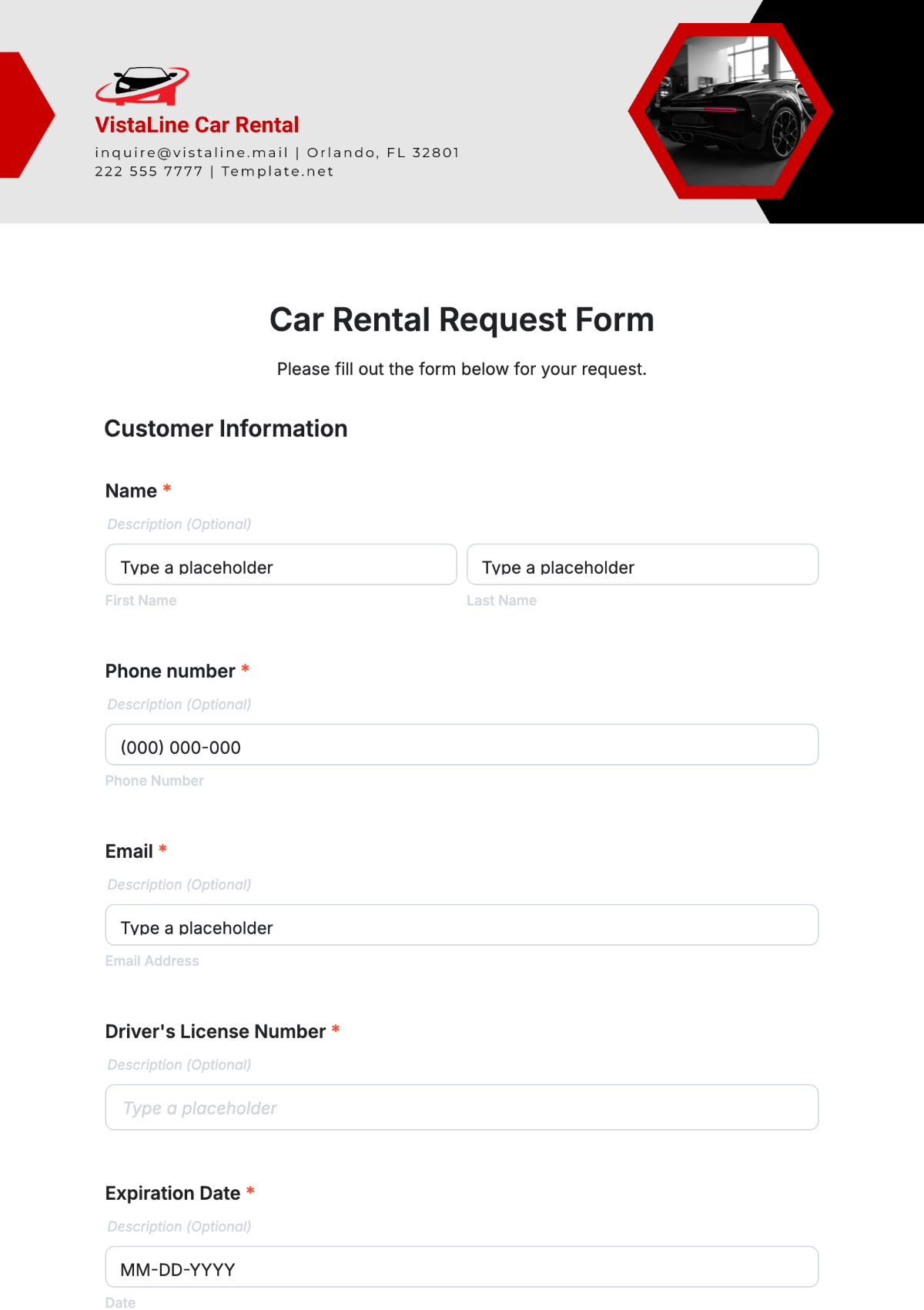 Car Rental Request Form Template - Edit Online & Download