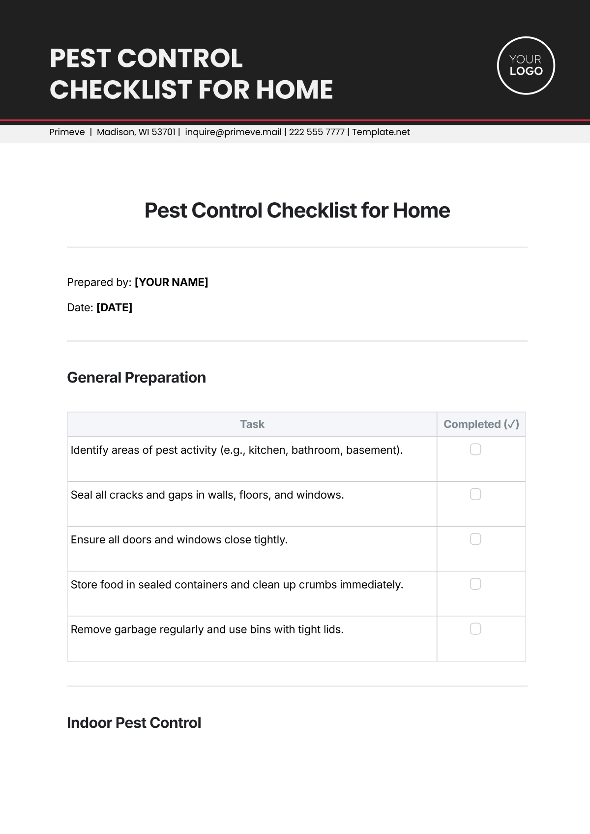 Pest Control Checklist for Home Template - Edit Online & Download