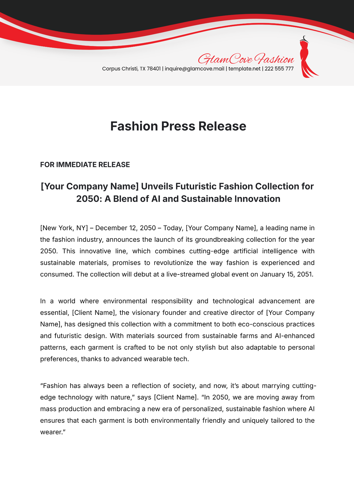 Fashion Press Release Template - Edit Online & Download