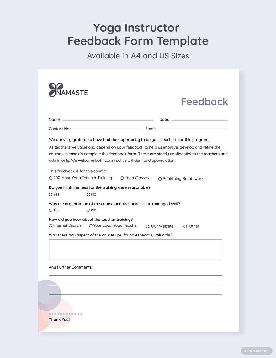 Yoga Instructor Feedback Form Template In Illustrator PSD InDesign 