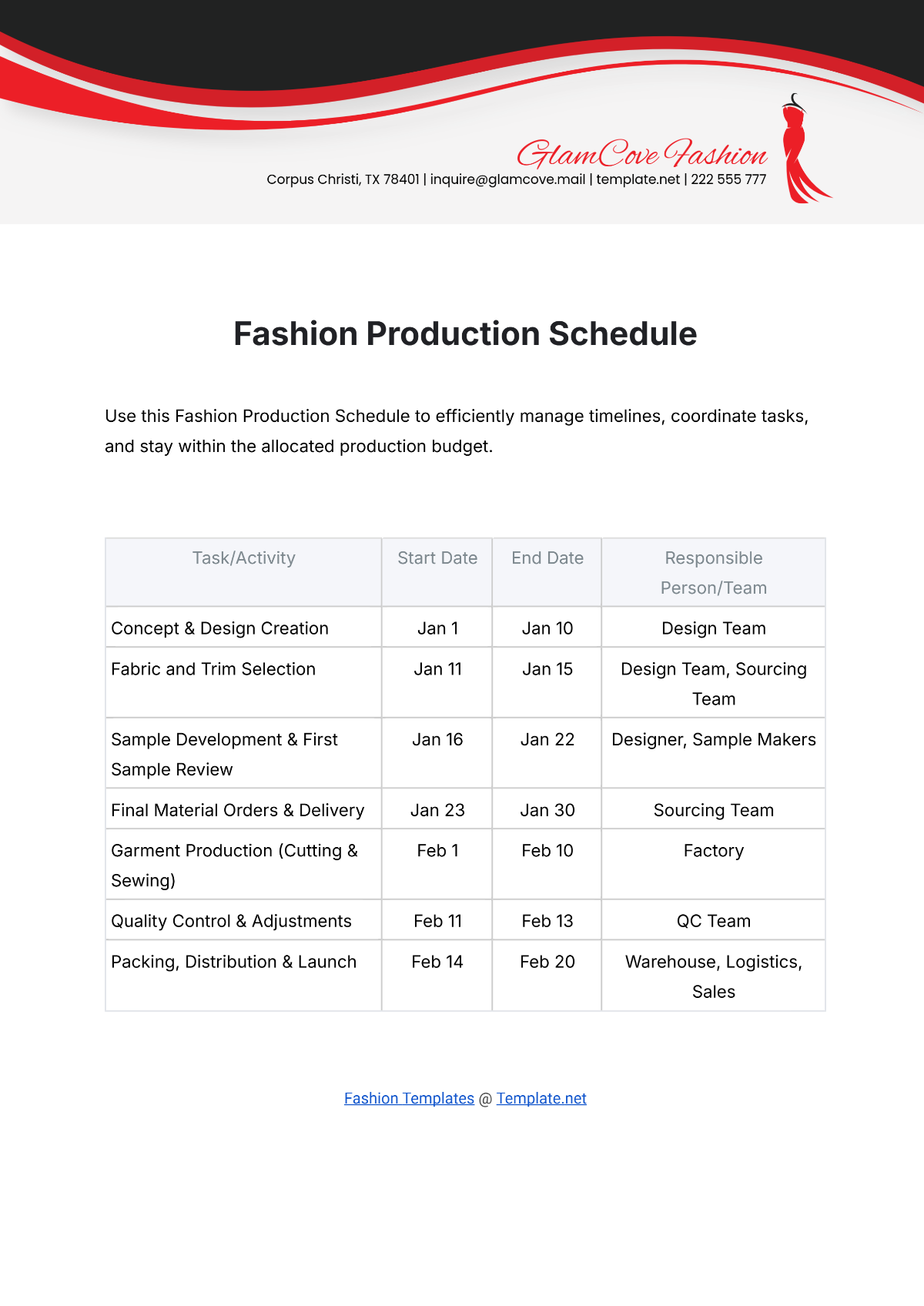 Fashion Production Schedule Template - Edit Online & Download