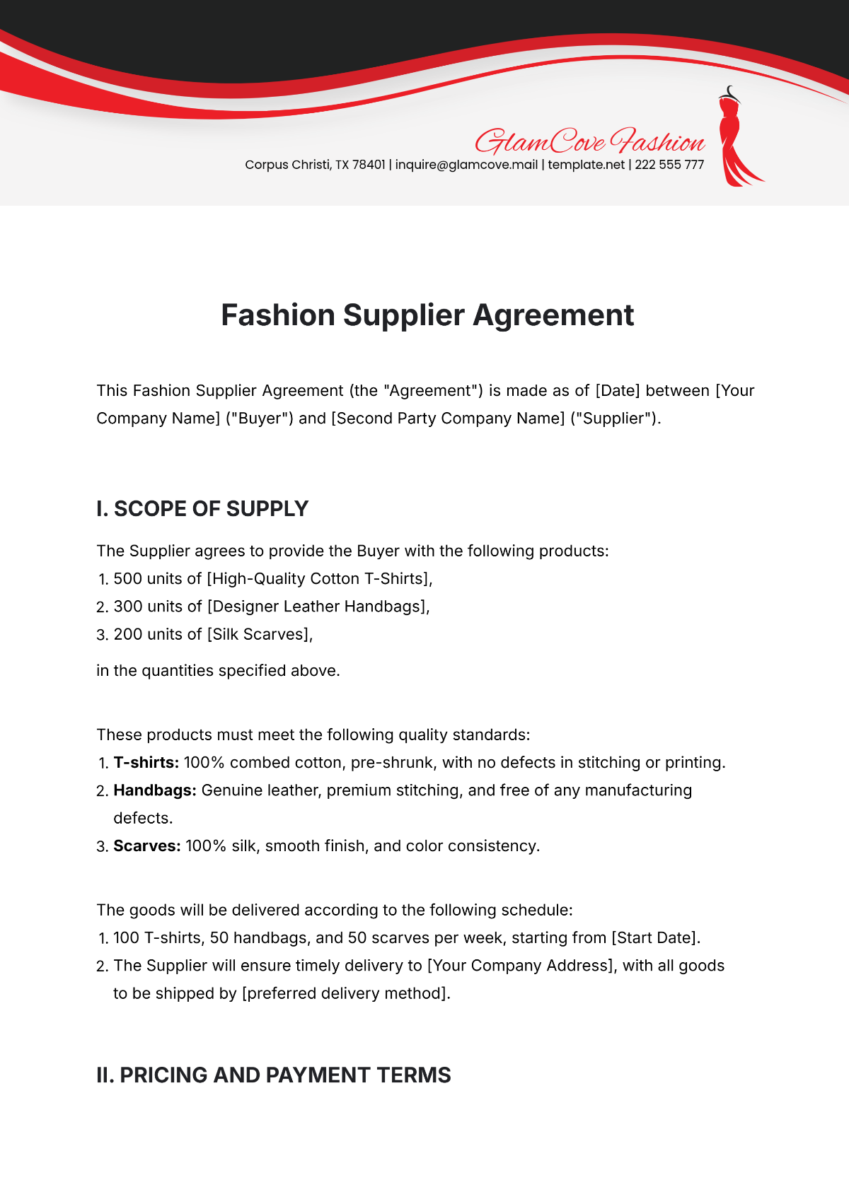 Fashion Supplier Agreement Template - Edit Online & Download