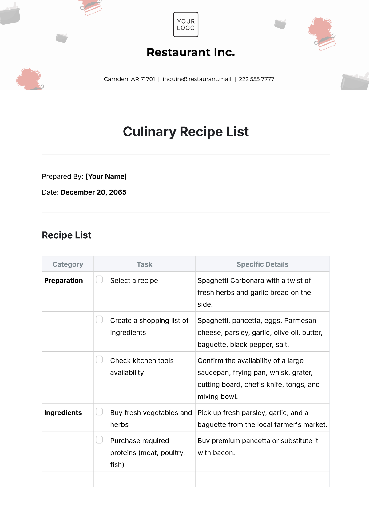 Culinary Recipe List Template - Edit Online & Download