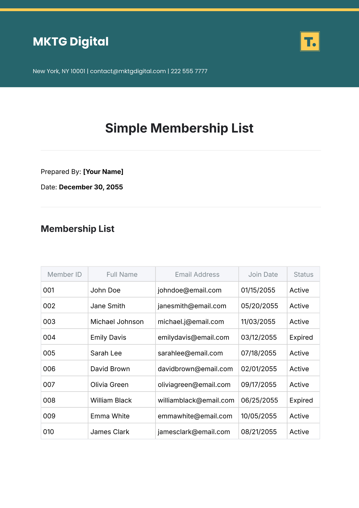 Simple Membership List Template - Edit Online & Download