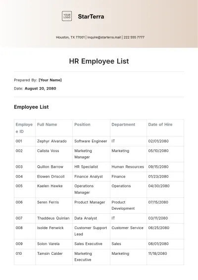 Free HR Employee List Template to Edit Online