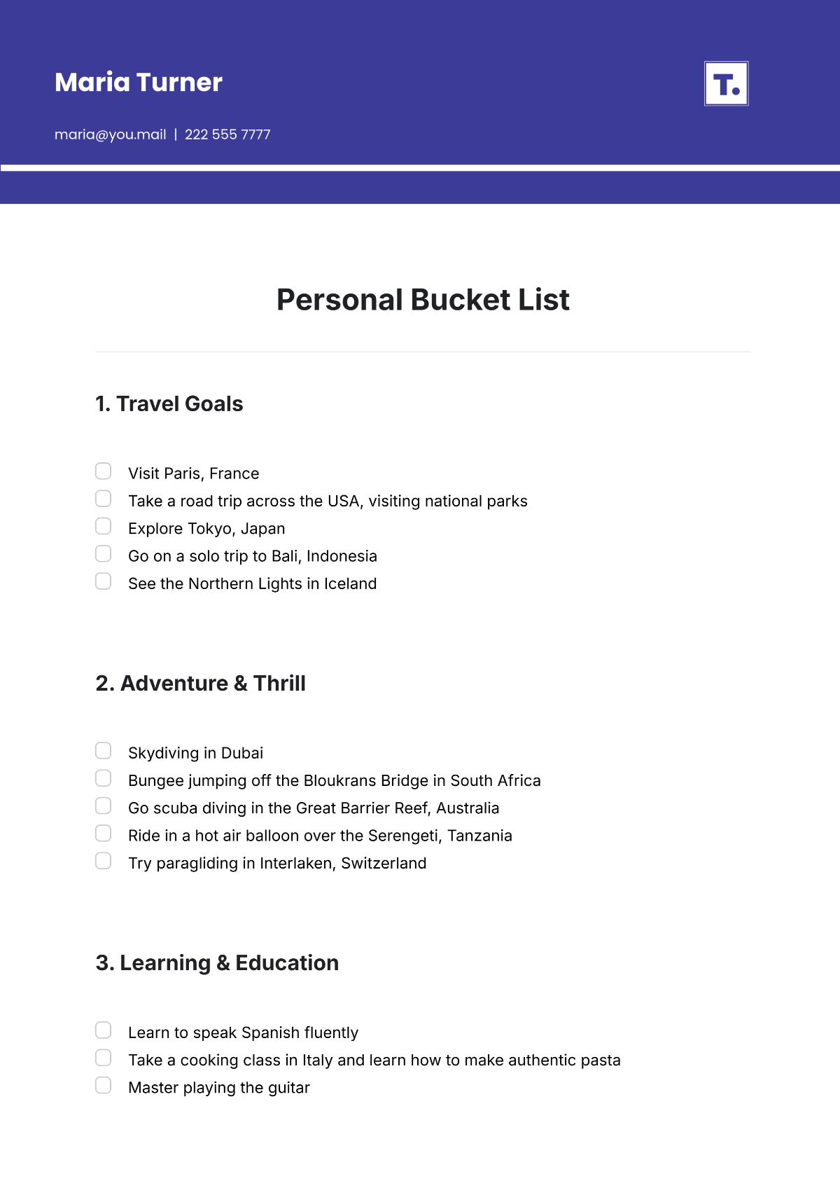 Personal Bucket List Template - Edit Online & Download