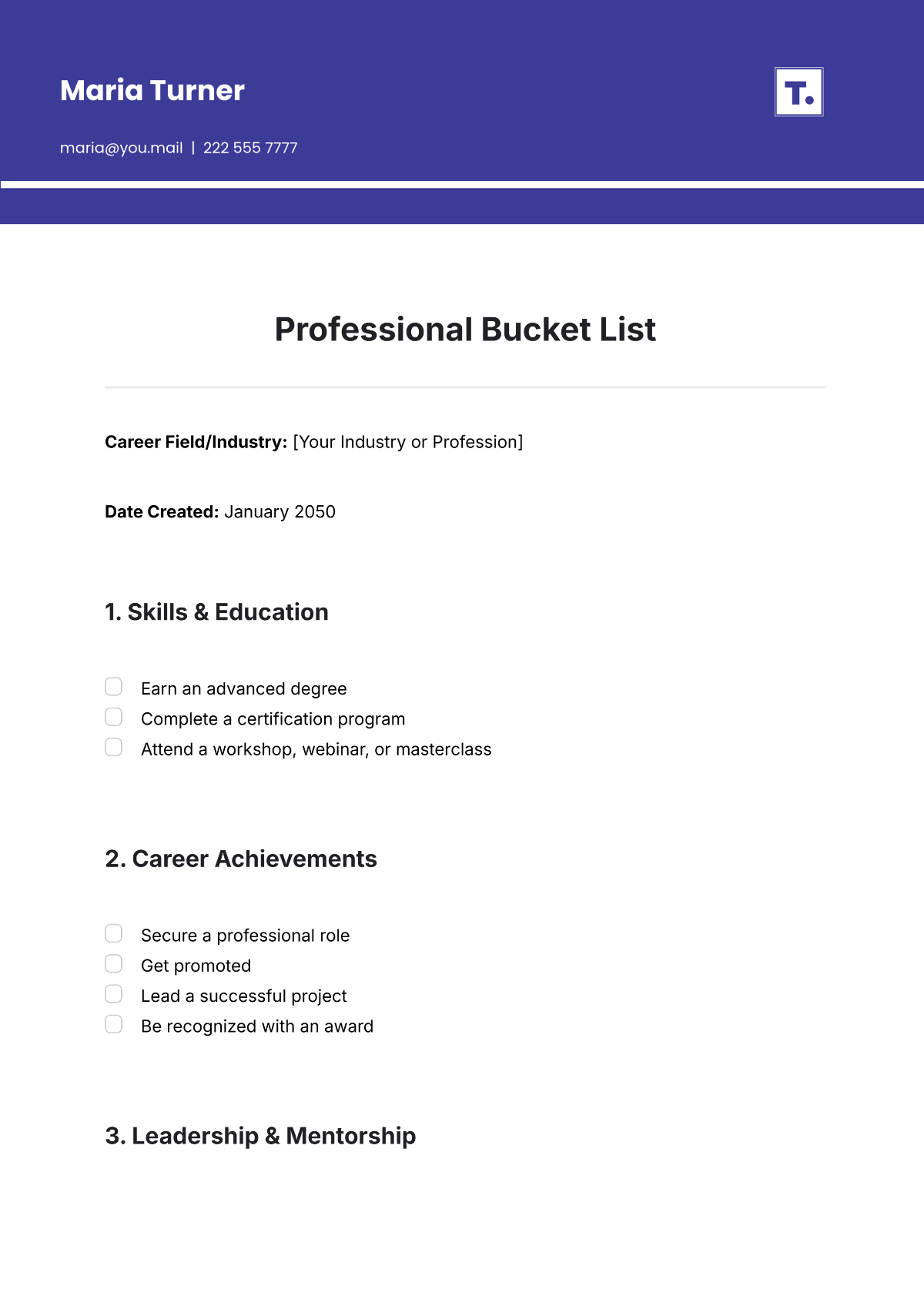 Free Professional Bucket List Template