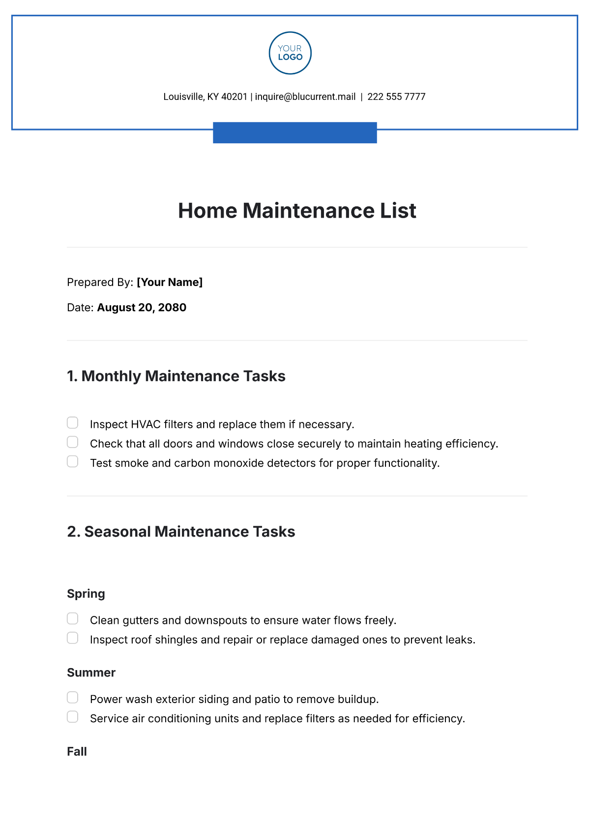 Home Maintenance List Template - Edit Online & Download