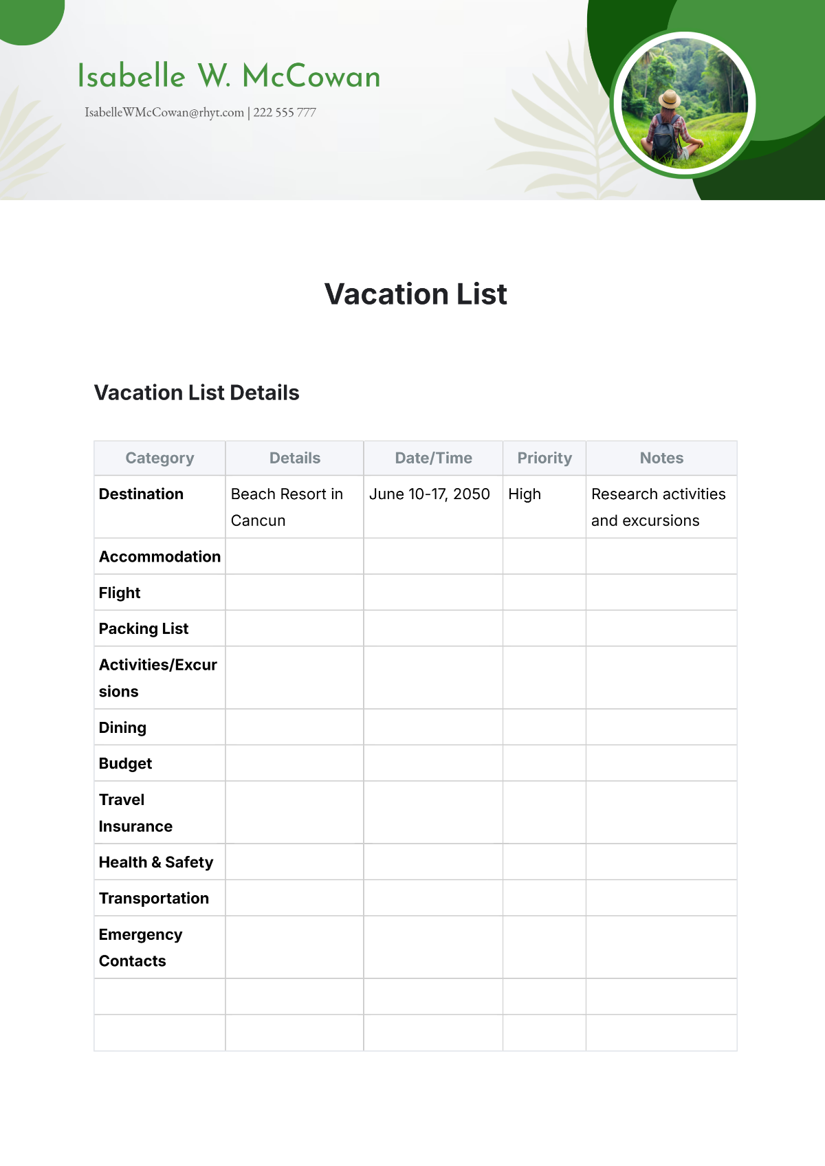 Vacation List Template - Edit Online & Download