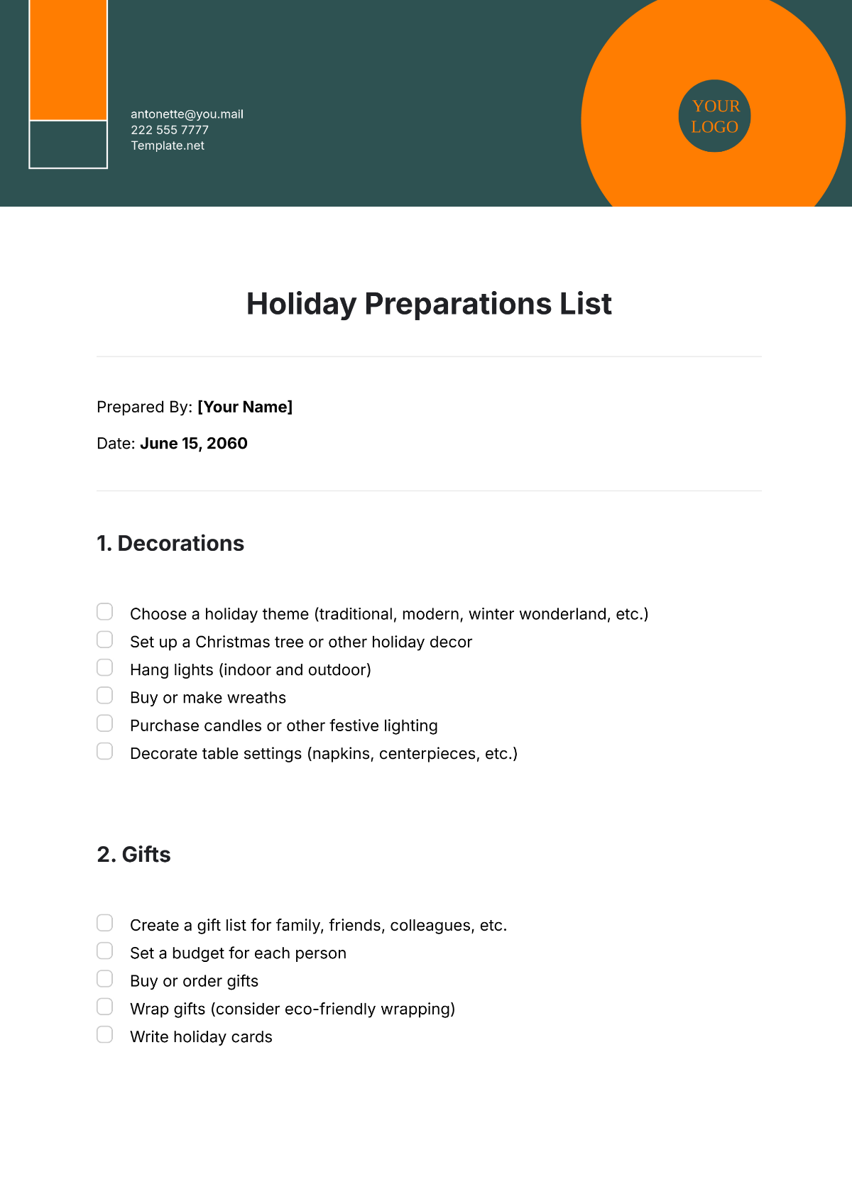 Holiday Preparations List Template - Edit Online & Download