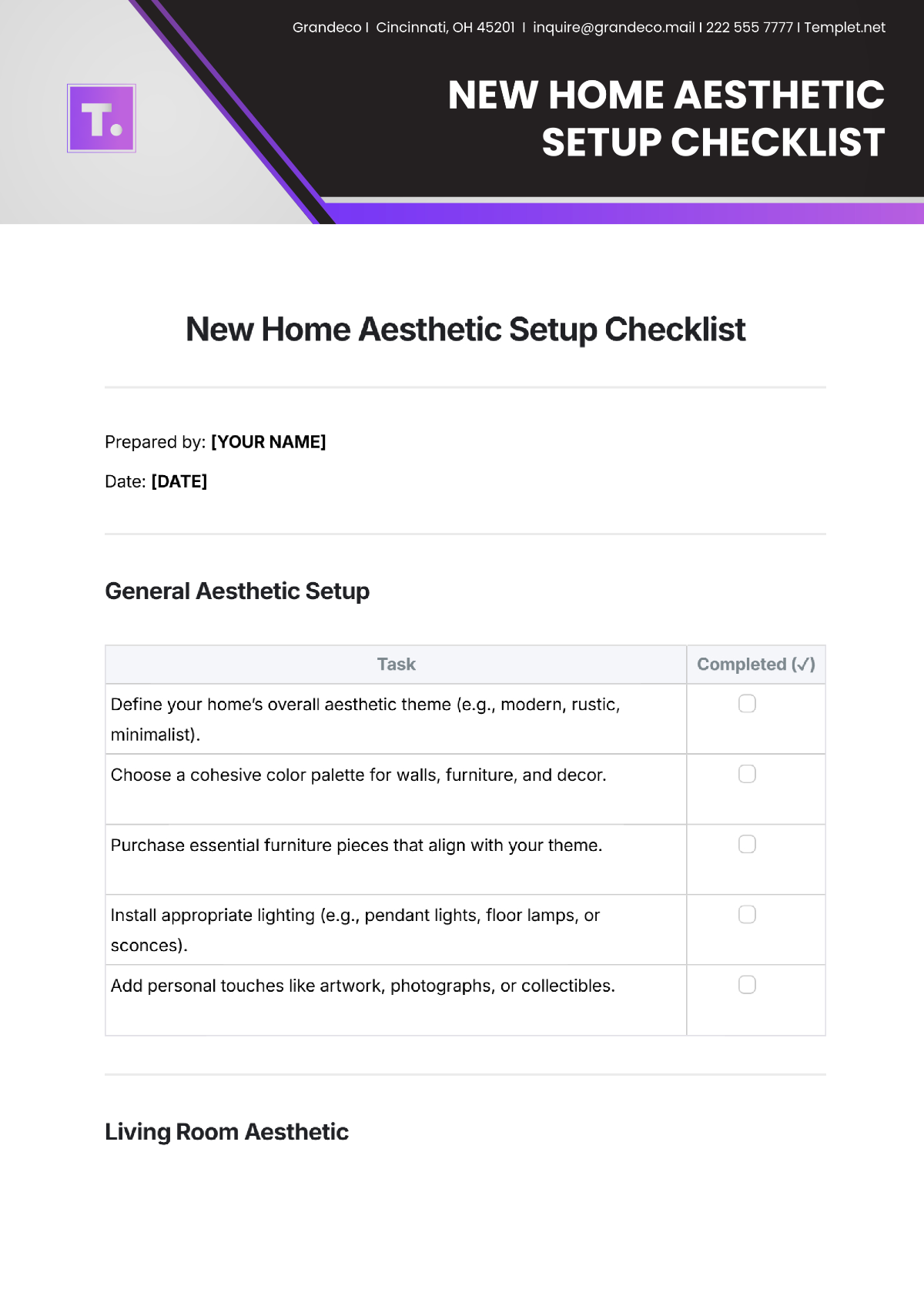 New Home Aesthetic Setup Checklist Template - Edit Online & Download