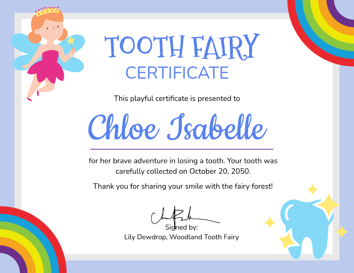 Free Rainbow Tooth Fairy Certificate Template - Edit Online & Download