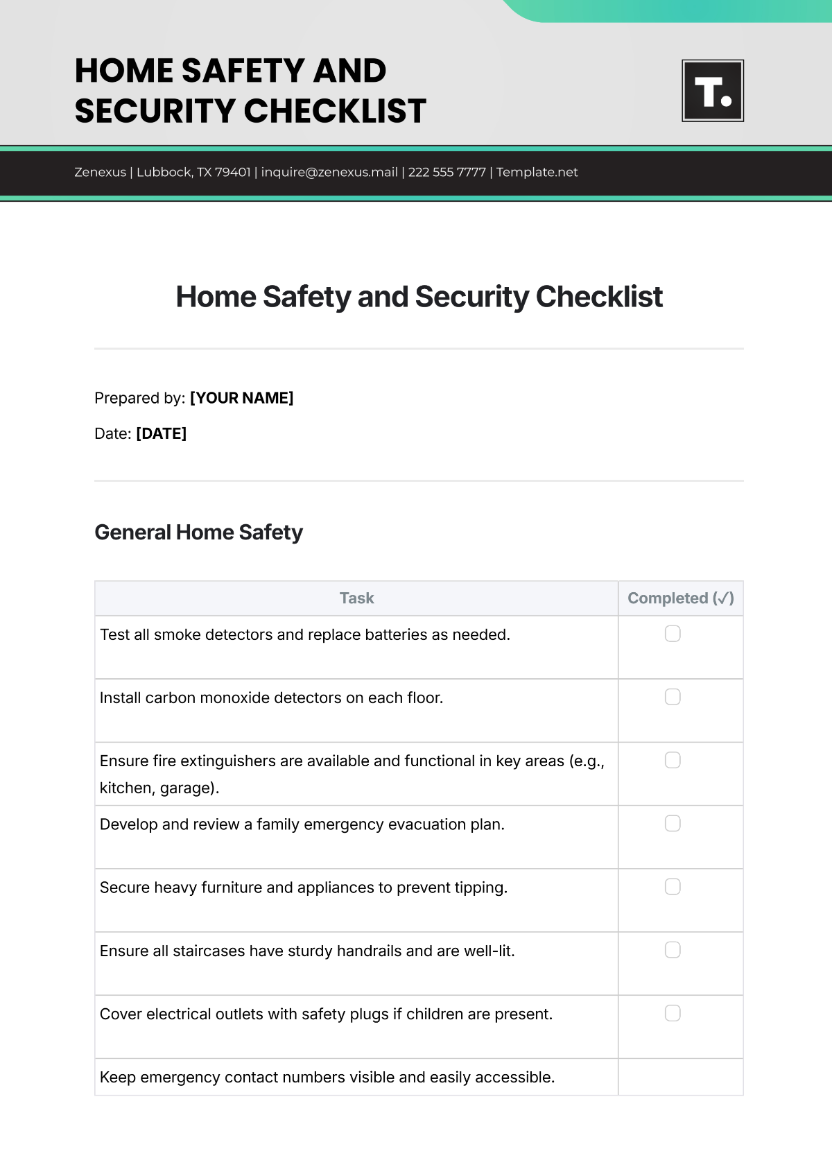 Home Safety and Security Checklist Template - Edit Online & Download