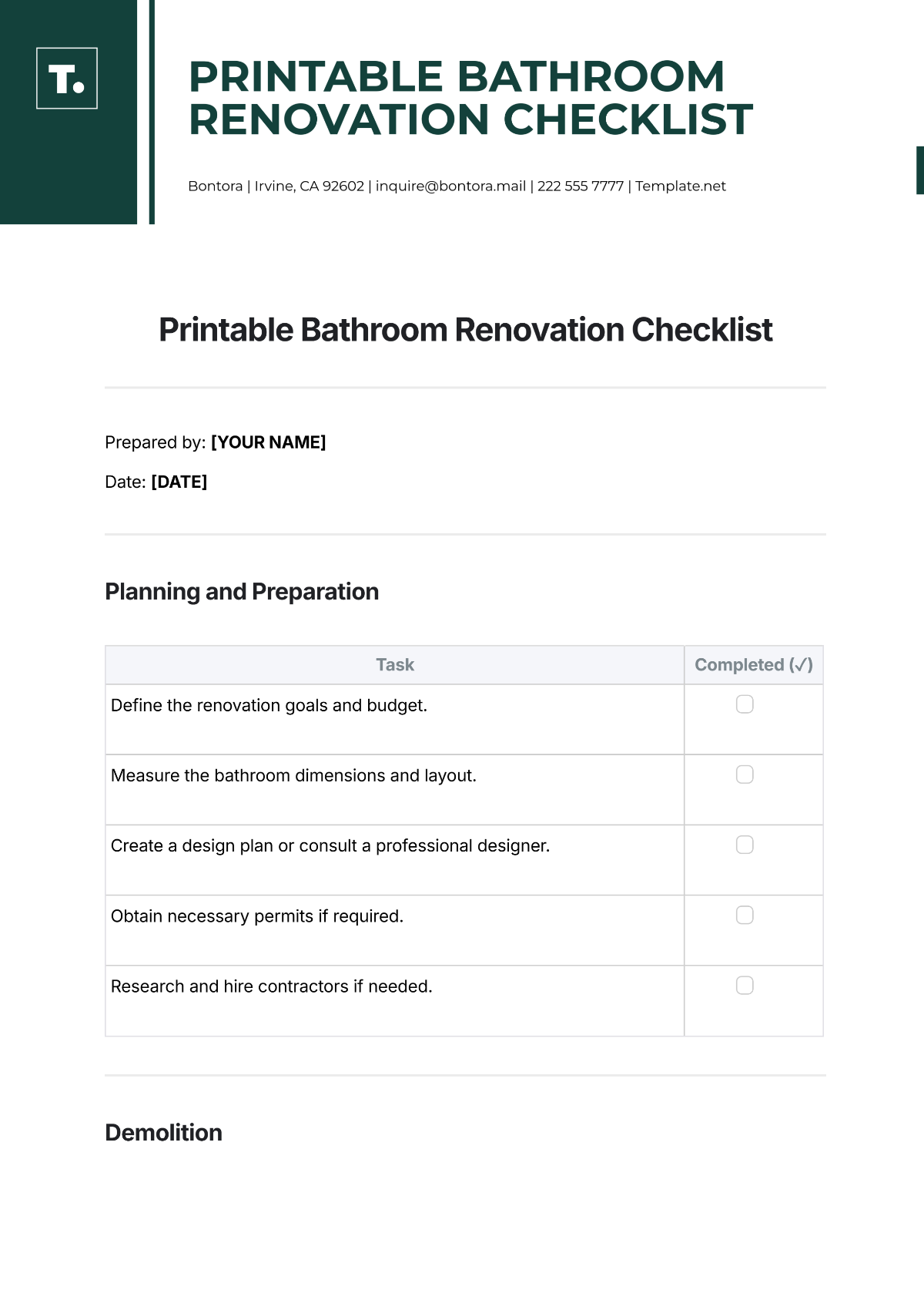 Printable Bathroom Renovation Checklist Template - Edit Online & Download