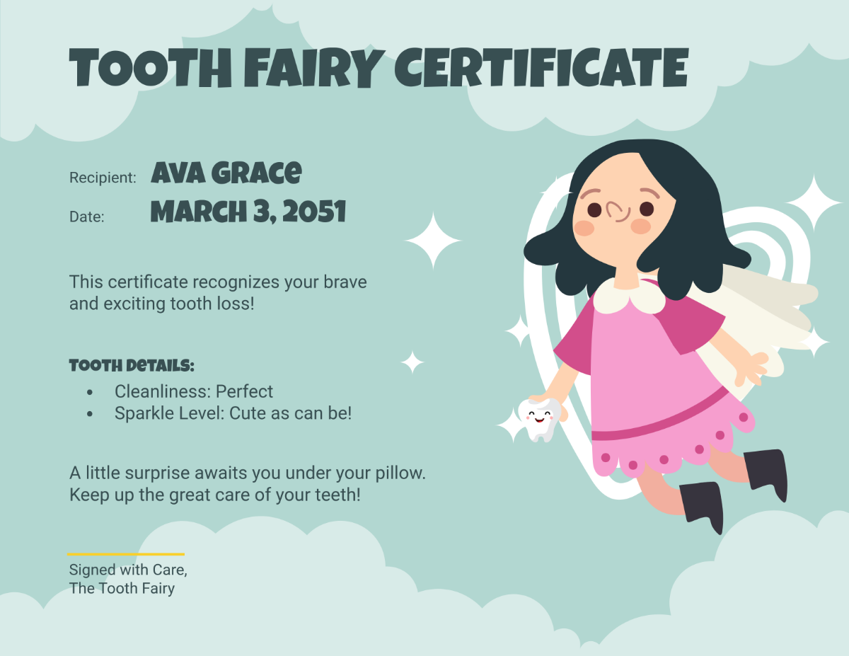 Cute Tooth Fairy Certificate Template - Edit Online & Download