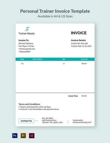 personal trainer invoice template  psd  indesign  illustrator