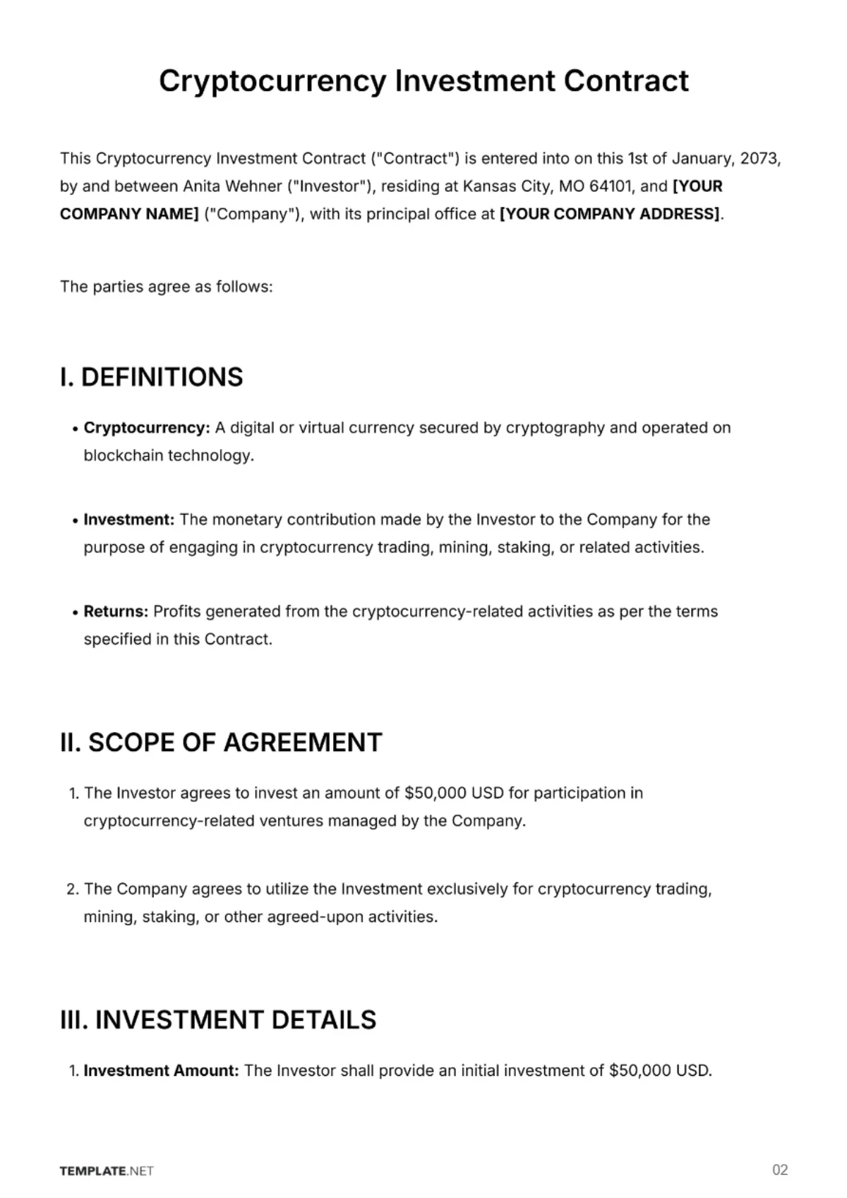Free Cryptocurrency Investment Contract Template to Edit Online