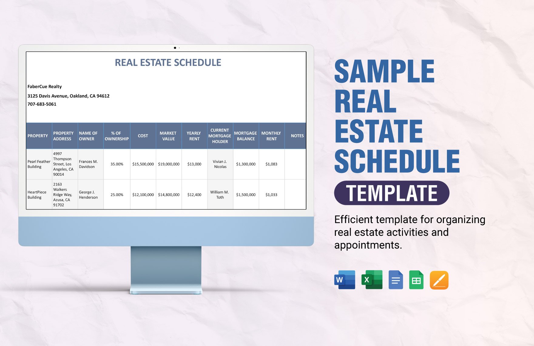 Sample Real Estate Schedule Template in Word, Google Docs, Excel, Google Sheets, Apple Pages