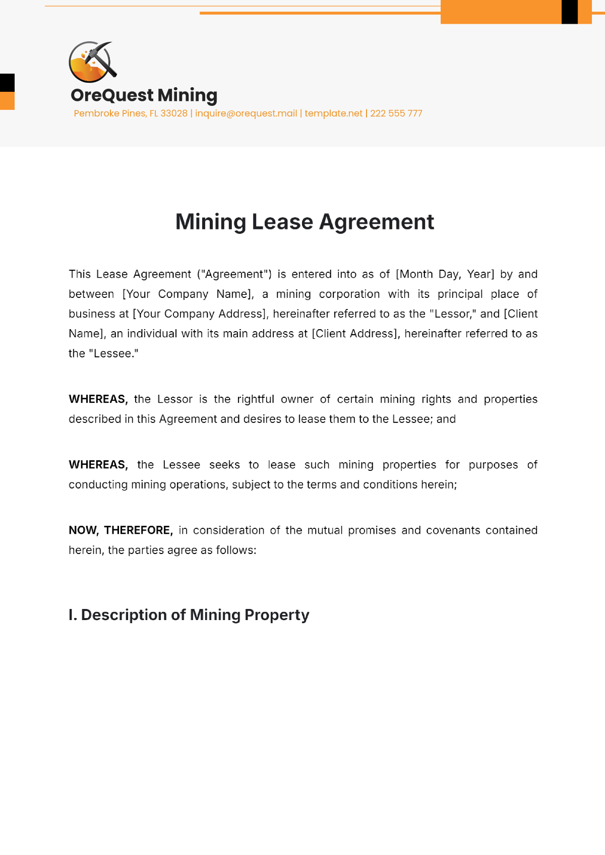 Mining Lease Agreement Template