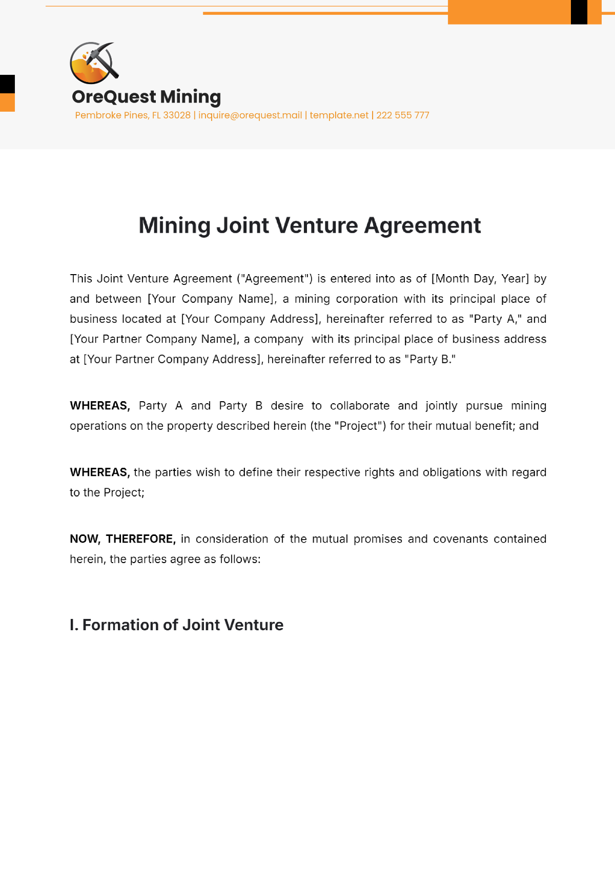 Mining Joint Venture Agreement Template