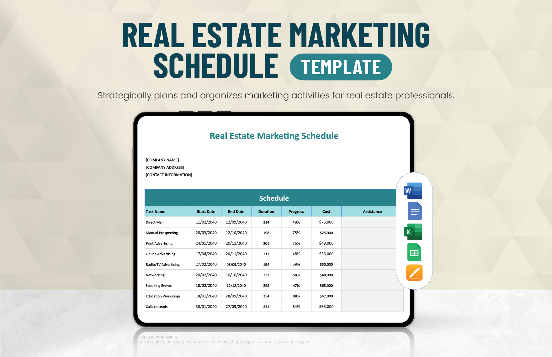 Real Estate Marketing Schedule Template in Word, Google Docs, Excel, Google Sheets, Apple Pages
