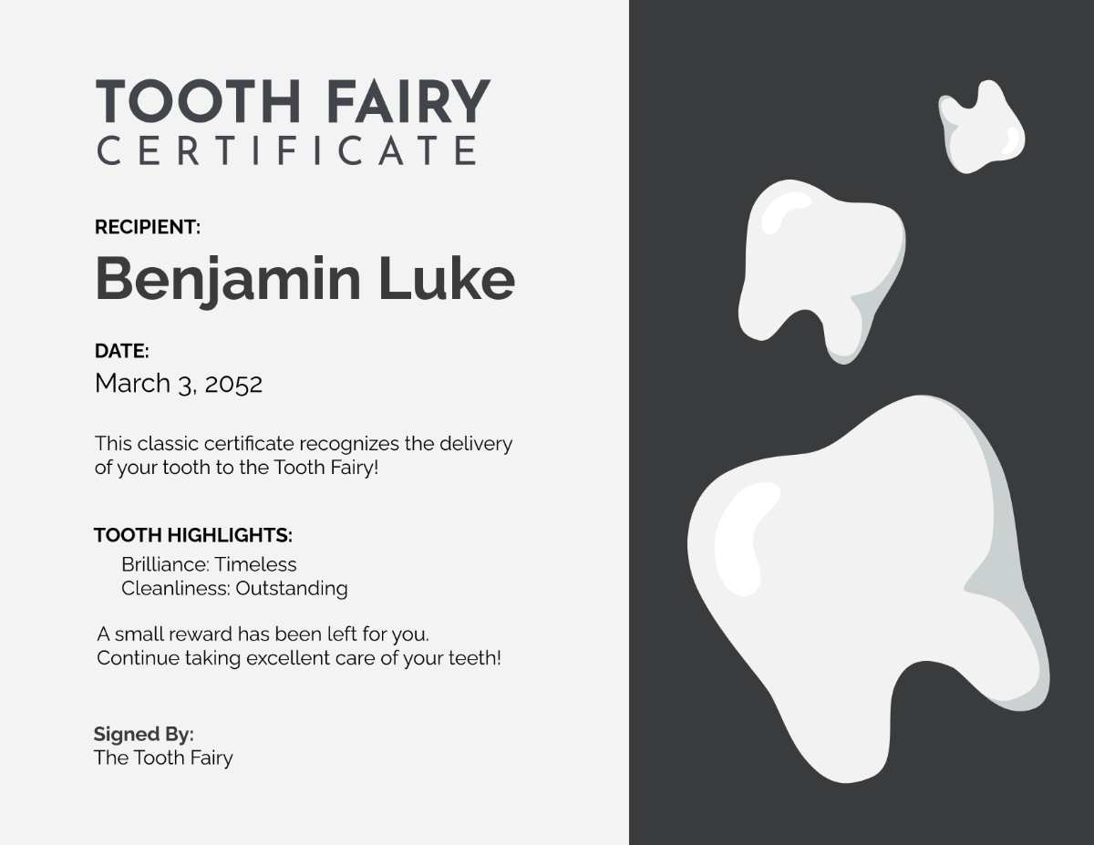 Free Black and White Tooth Fairy Certificate Template - Edit Online & Download